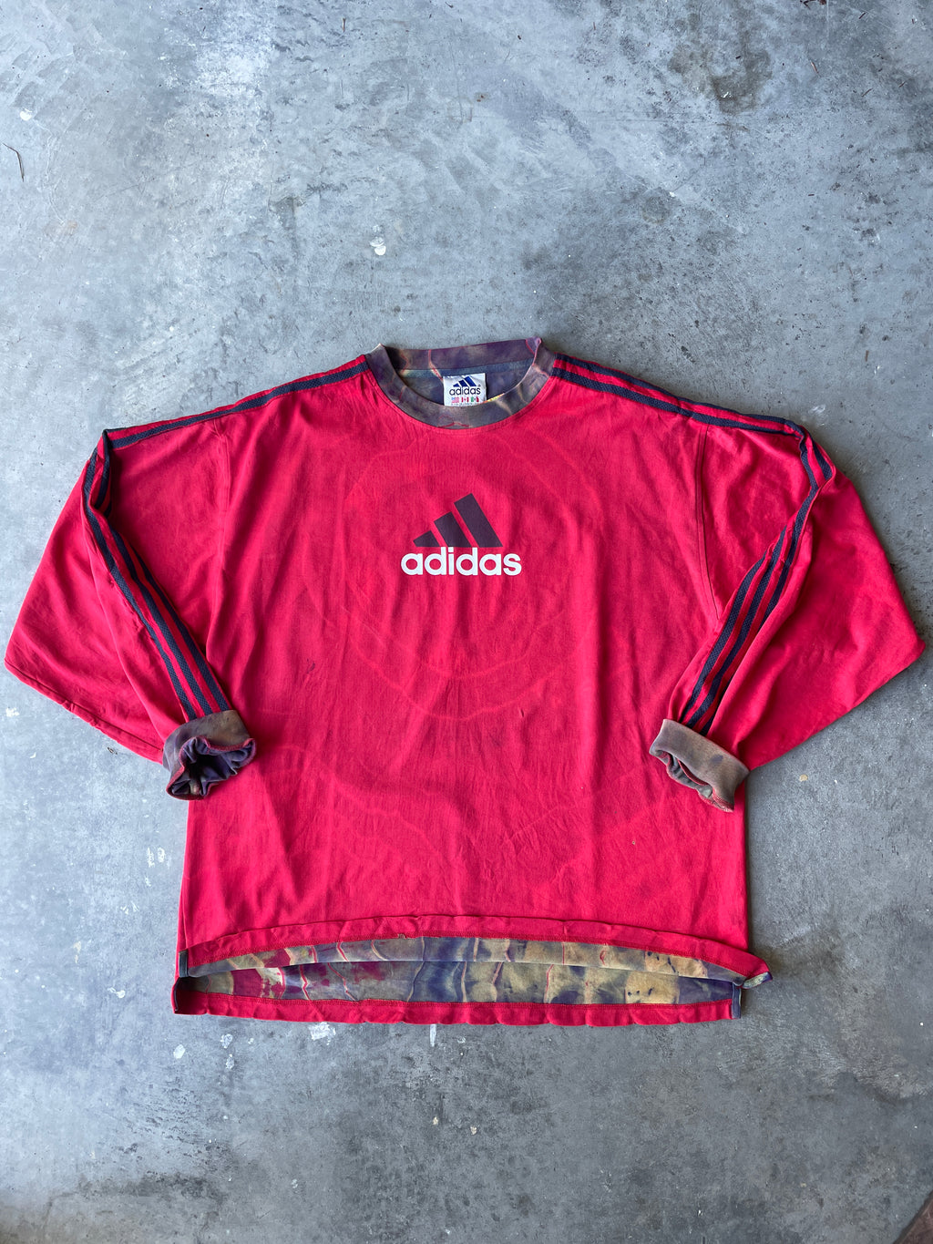 CRAZY adidas Tre-Foil Crewneck Sweatshirt with Tie Dye Lining | One-of-a-Kind Red and Black Sweatshirt | Men's XL