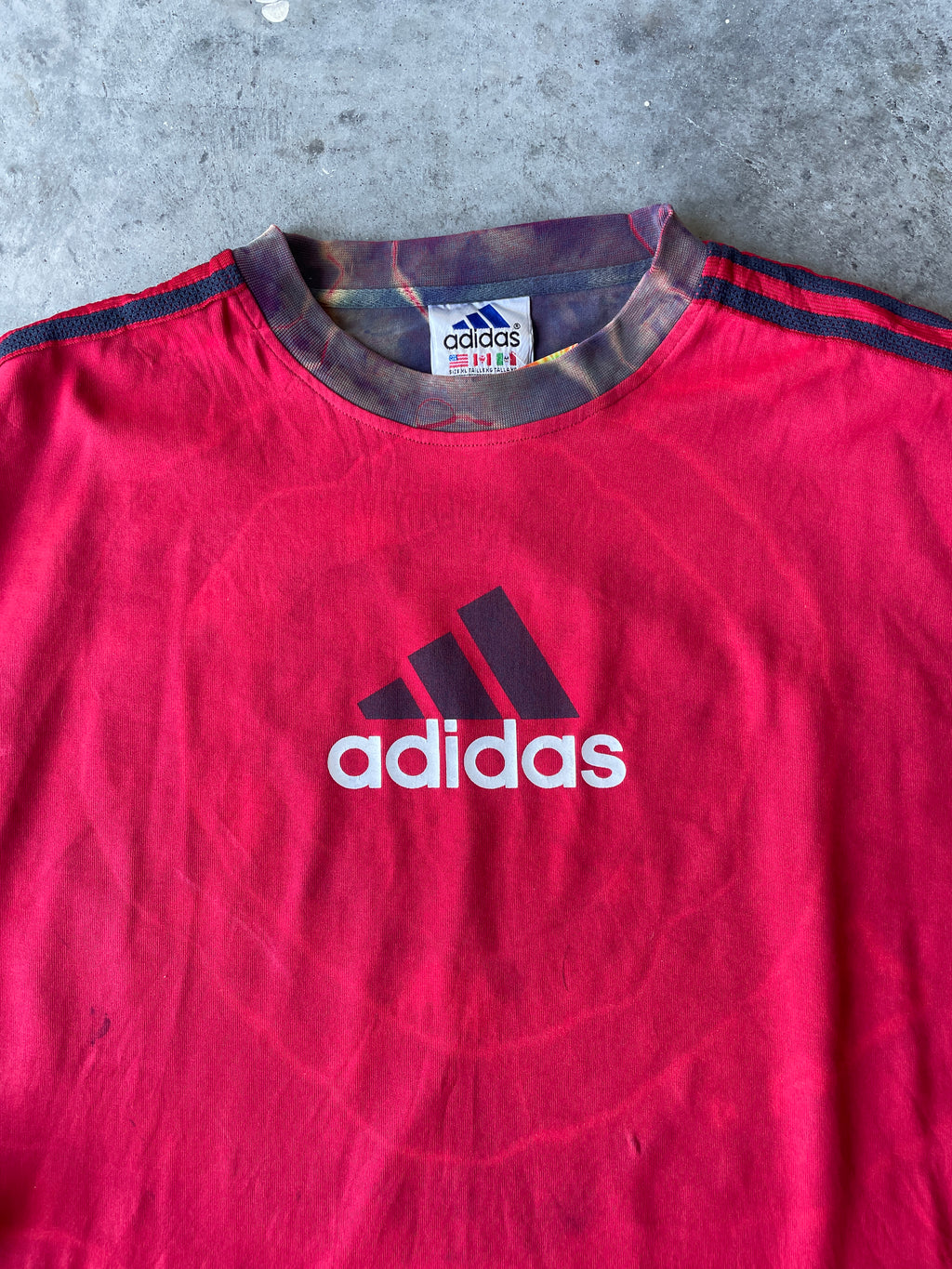 CRAZY adidas Tre-Foil Crewneck Sweatshirt with Tie Dye Lining | One-of-a-Kind Red and Black Sweatshirt | Men's XL