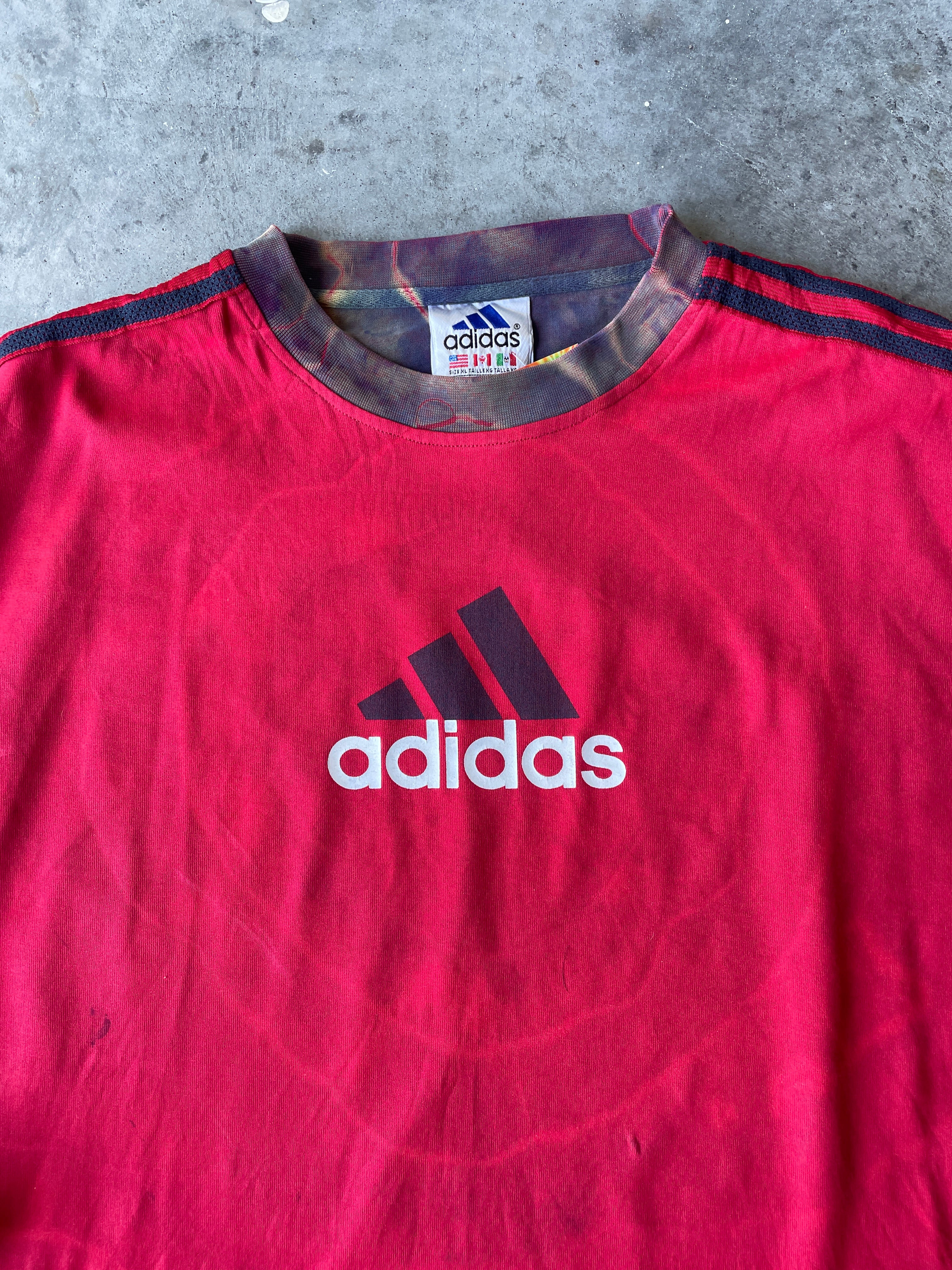 CRAZY adidas Tre-Foil Crewneck Sweatshirt with Tie Dye Lining | One-of-a-Kind Red and Black Sweatshirt | Men's XL