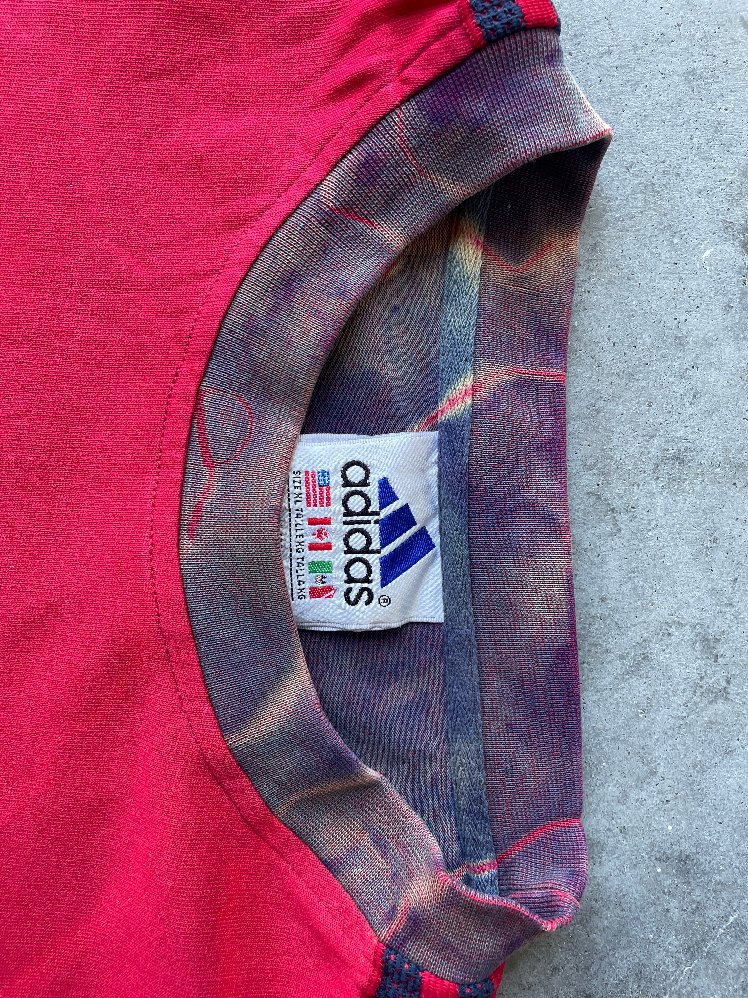 CRAZY adidas Tre-Foil Crewneck Sweatshirt with Tie Dye Lining | One-of-a-Kind Red and Black Sweatshirt | Men's XL