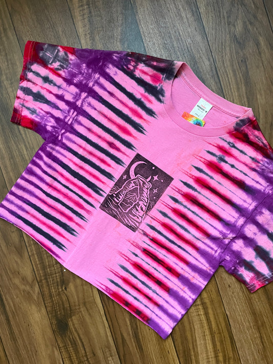 Medium Men's Delicate Arch Moab Utah Handmade Tie Dye Block-Printed Cropped T-Shirt | One-Of-a-Kind Upcycled Pink and Red Desert Sunset Short Sleeve Shirt