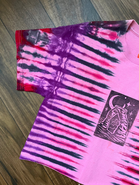 Medium Men's Delicate Arch Moab Utah Handmade Tie Dye Block-Printed Cropped T-Shirt | One-Of-a-Kind Upcycled Pink and Red Desert Sunset Short Sleeve Shirt