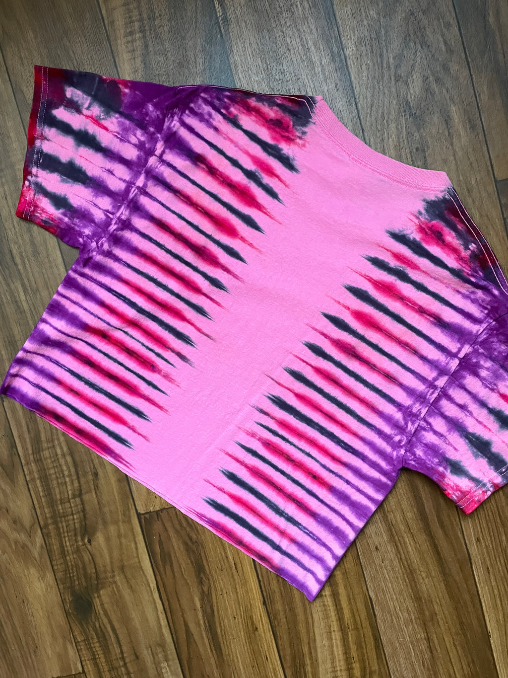 Medium Men's Delicate Arch Moab Utah Handmade Tie Dye Block-Printed Cropped T-Shirt | One-Of-a-Kind Upcycled Pink and Red Desert Sunset Short Sleeve Shirt