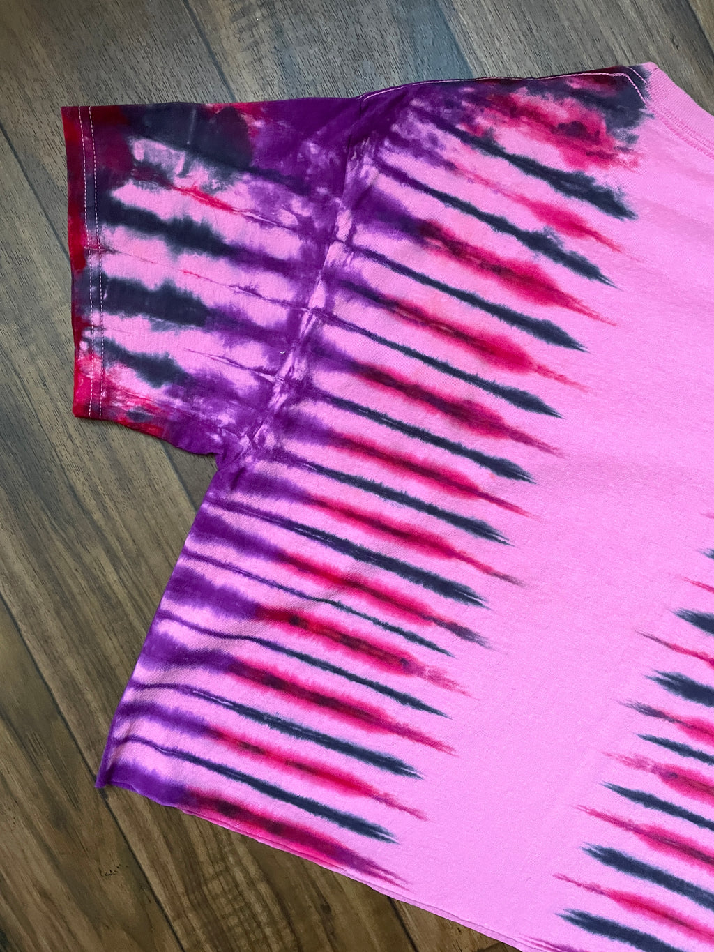 Medium Men's Delicate Arch Moab Utah Handmade Tie Dye Block-Printed Cropped T-Shirt | One-Of-a-Kind Upcycled Pink and Red Desert Sunset Short Sleeve Shirt