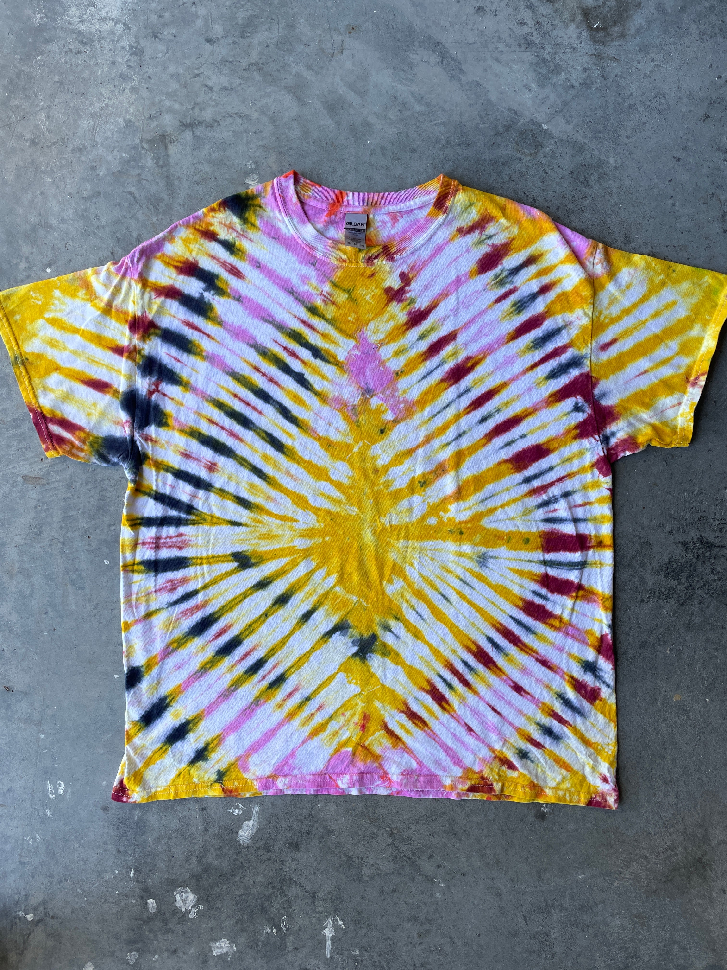 Pink & Yellow Sunburst Short Sleeve Ice Dyed T-Shirt | One-of-a-Kind | Men's XL