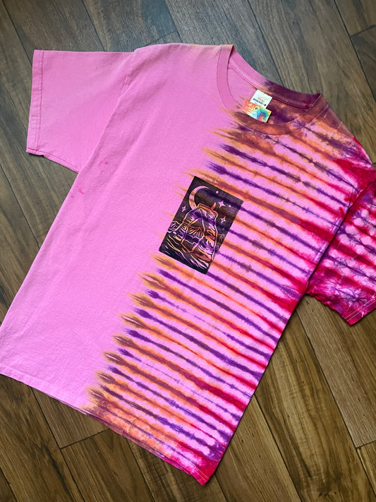 Medium Men's Delicate Arch Moab Utah Handmade Tie Dye Block-Printed T-Shirt | One-Of-a-Kind Upcycled Pink and Red Desert Sunset Short Sleeve Shirt