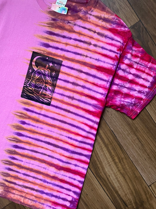 Medium Men's Delicate Arch Moab Utah Handmade Tie Dye Block-Printed T-Shirt | One-Of-a-Kind Upcycled Pink and Red Desert Sunset Short Sleeve Shirt