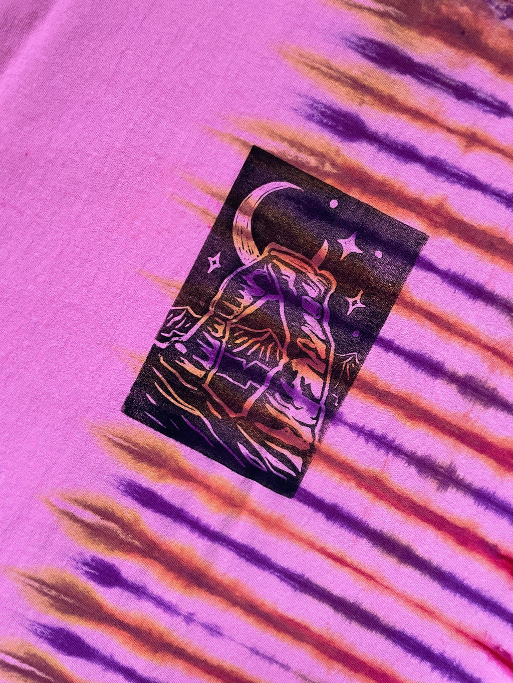 Medium Men's Delicate Arch Moab Utah Handmade Tie Dye Block-Printed T-Shirt | One-Of-a-Kind Upcycled Pink and Red Desert Sunset Short Sleeve Shirt