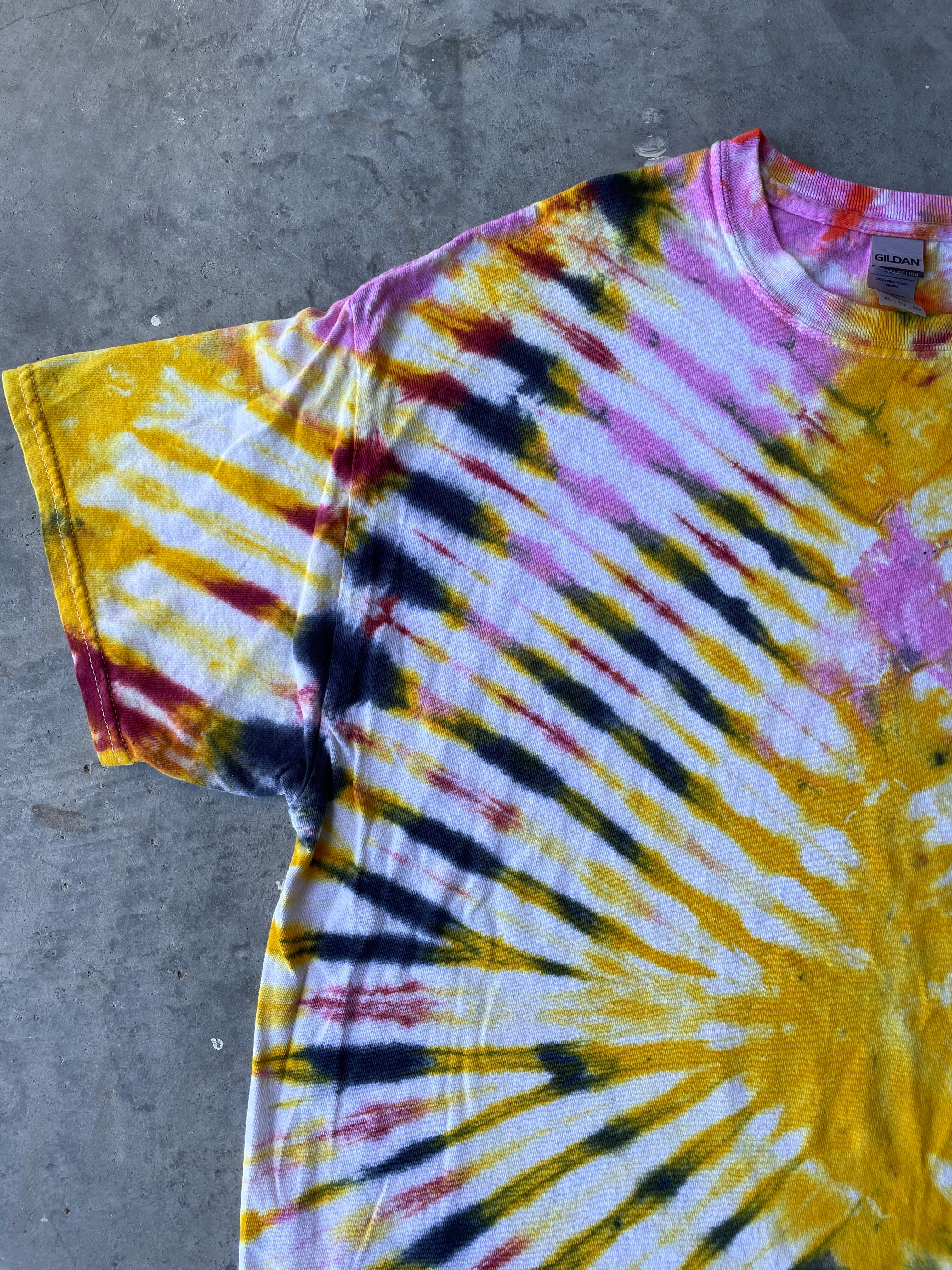 Pink & Yellow Sunburst Short Sleeve Ice Dyed T-Shirt | One-of-a-Kind | Men's XL