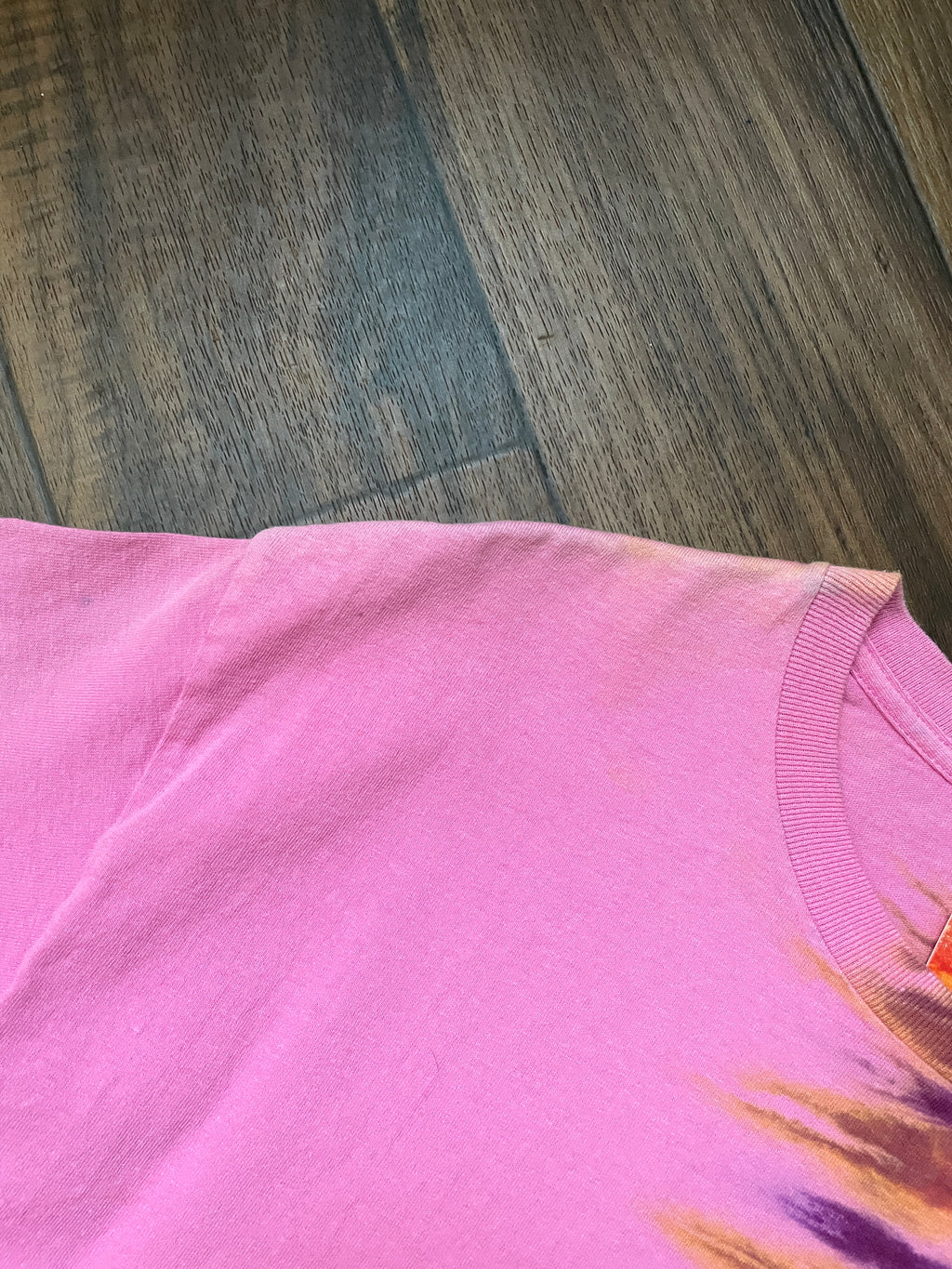 Medium Men's Delicate Arch Moab Utah Handmade Tie Dye Block-Printed T-Shirt | One-Of-a-Kind Upcycled Pink and Red Desert Sunset Short Sleeve Shirt