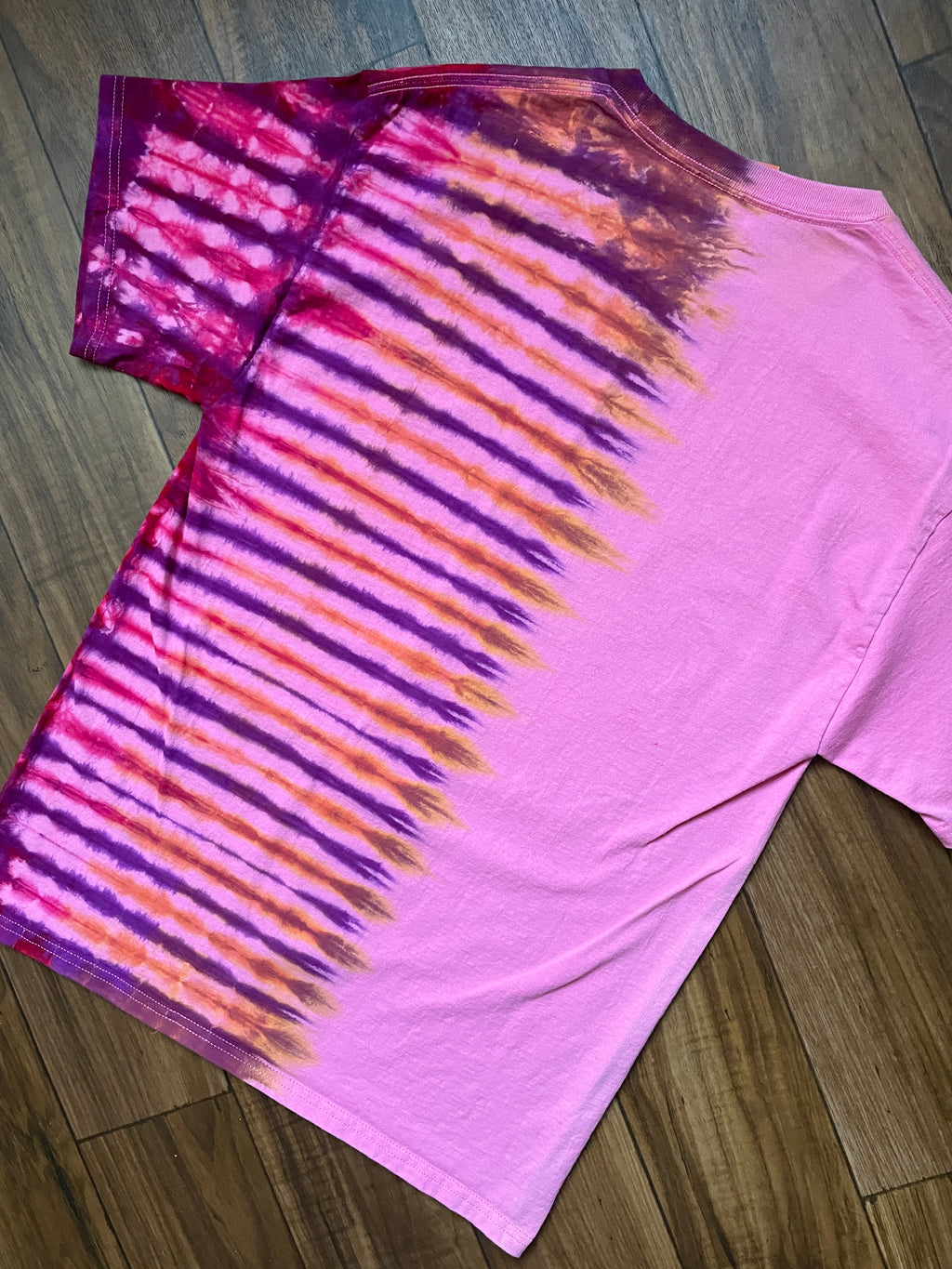 Medium Men's Delicate Arch Moab Utah Handmade Tie Dye Block-Printed T-Shirt | One-Of-a-Kind Upcycled Pink and Red Desert Sunset Short Sleeve Shirt