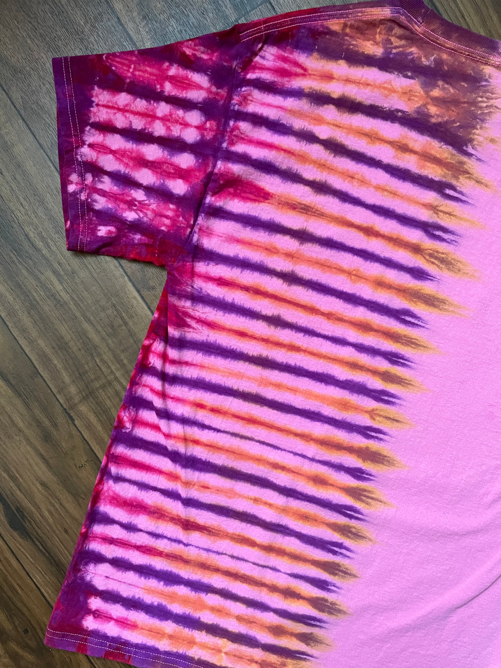 Medium Men's Delicate Arch Moab Utah Handmade Tie Dye Block-Printed T-Shirt | One-Of-a-Kind Upcycled Pink and Red Desert Sunset Short Sleeve Shirt