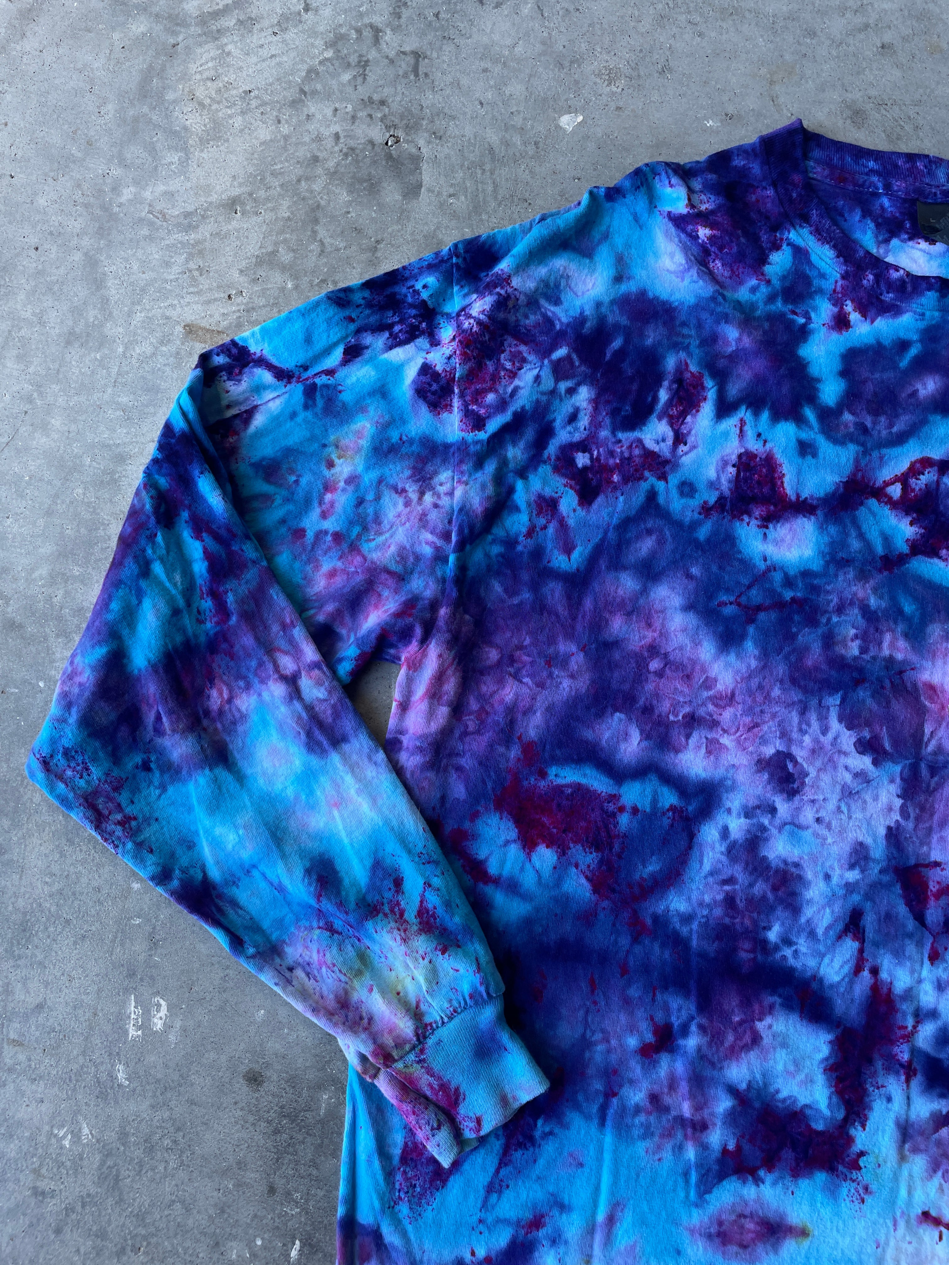 Blue, Purple, and Pink Long Sleeve Ice Dyed T-Shirt | One-of-a-Kind | Men's XL
