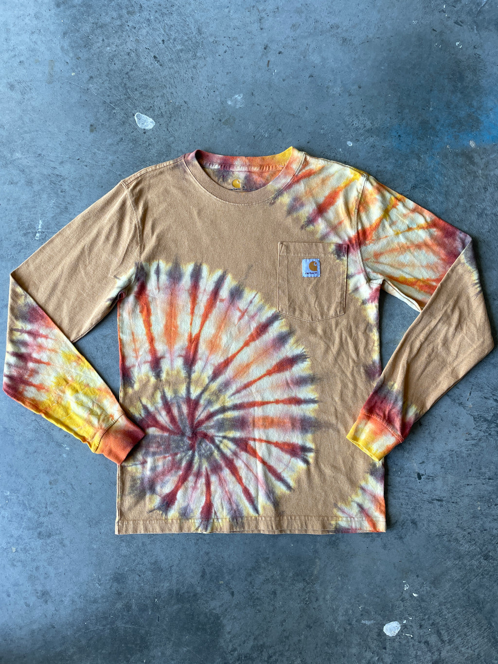 Carhartt Long Sleeve Brown & Yellow Reverse Tie Dye T-Shirt | One-of-a-Kind | Men's Small