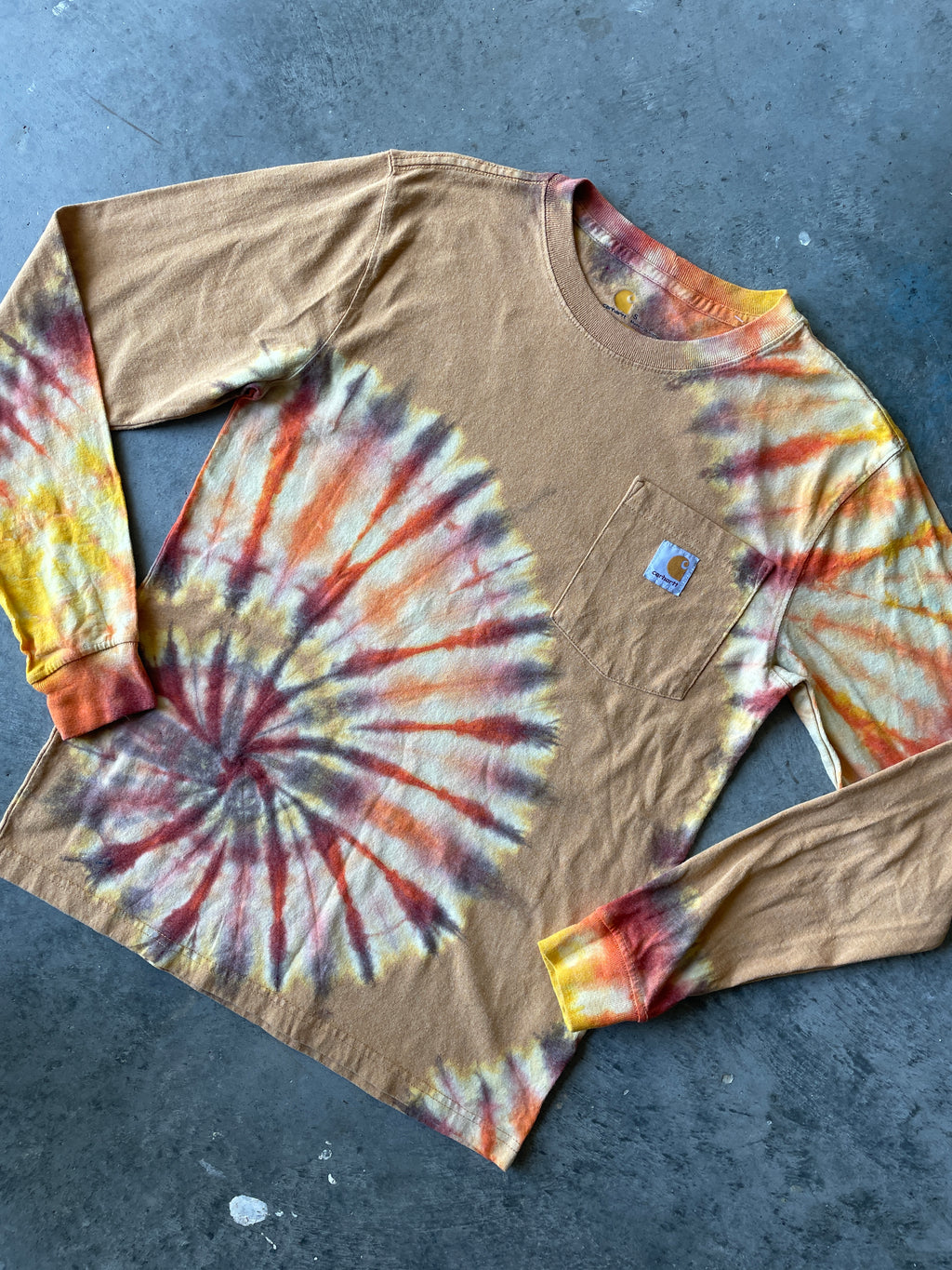 Carhartt Long Sleeve Brown & Yellow Reverse Tie Dye T-Shirt | One-of-a-Kind | Men's Small