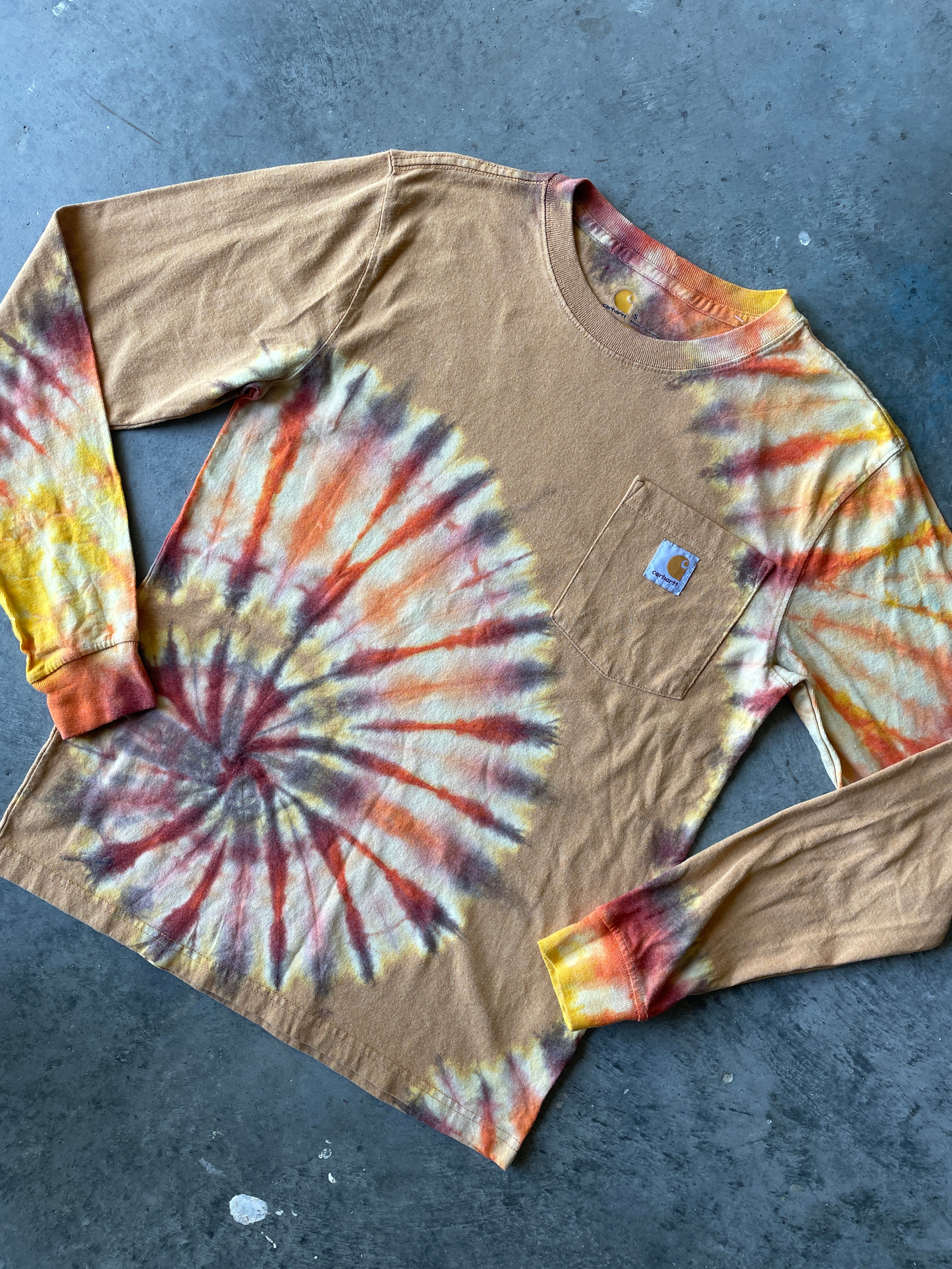 Carhartt Long Sleeve Brown & Yellow Reverse Tie Dye T-Shirt | One-of-a-Kind | Men's Small