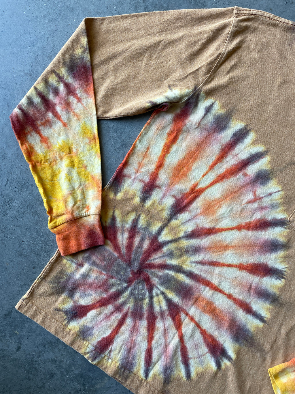 Carhartt Long Sleeve Brown & Yellow Reverse Tie Dye T-Shirt | One-of-a-Kind | Men's Small
