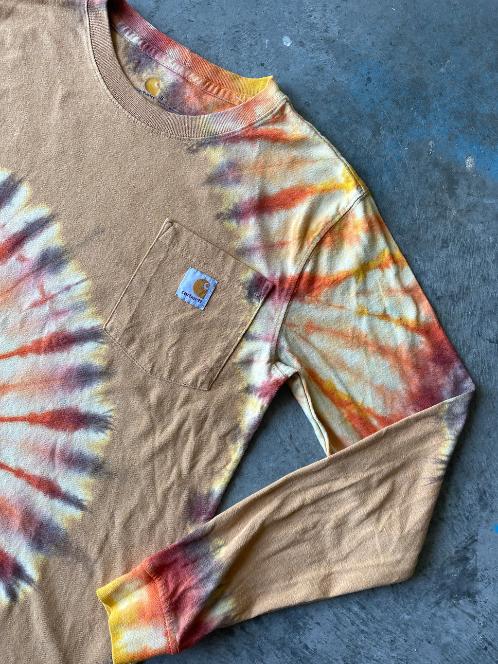 Carhartt Long Sleeve Brown & Yellow Reverse Tie Dye T-Shirt | One-of-a-Kind | Men's Small