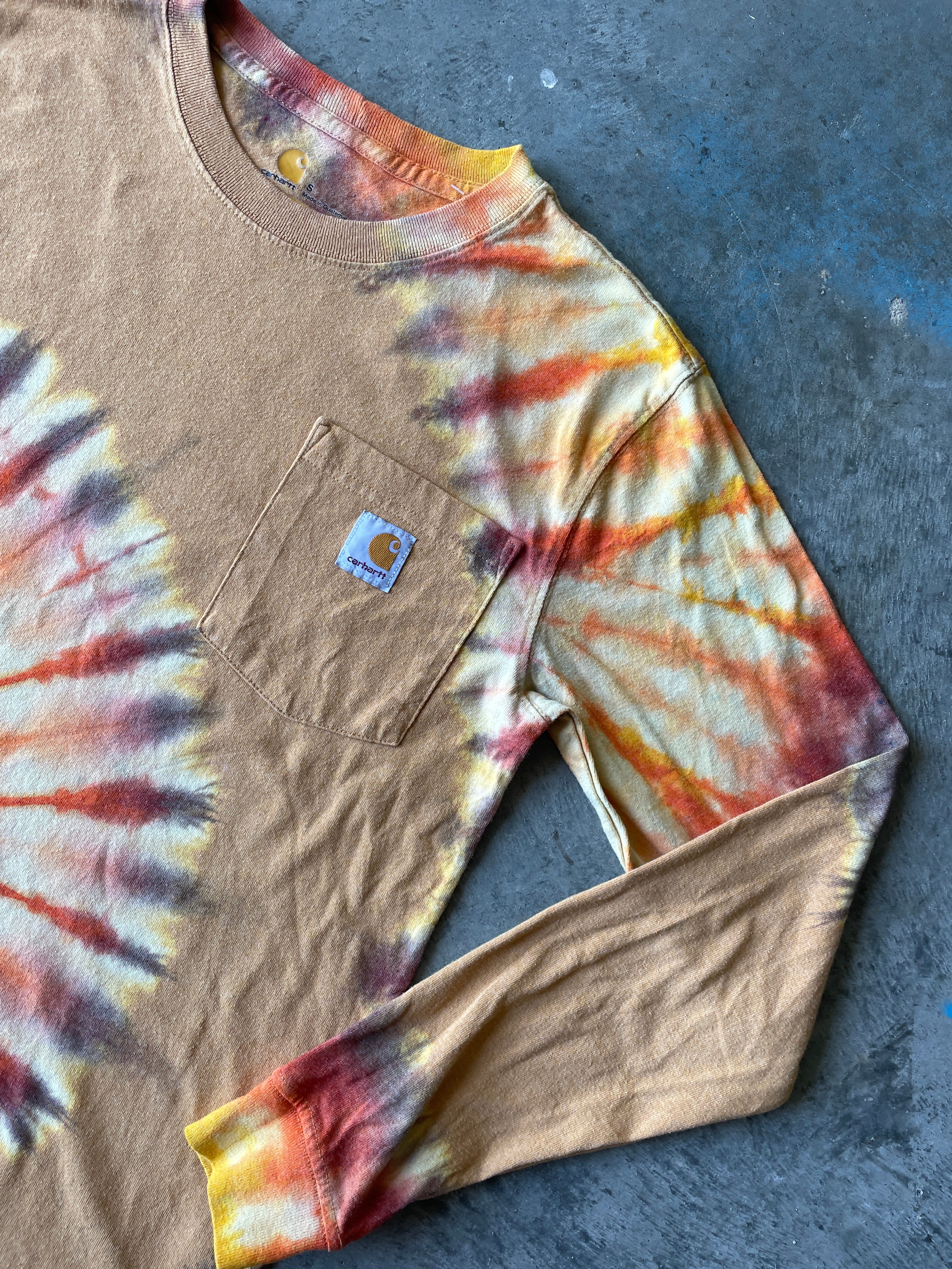 Carhartt Long Sleeve Brown & Yellow Reverse Tie Dye T-Shirt | One-of-a-Kind | Men's Small