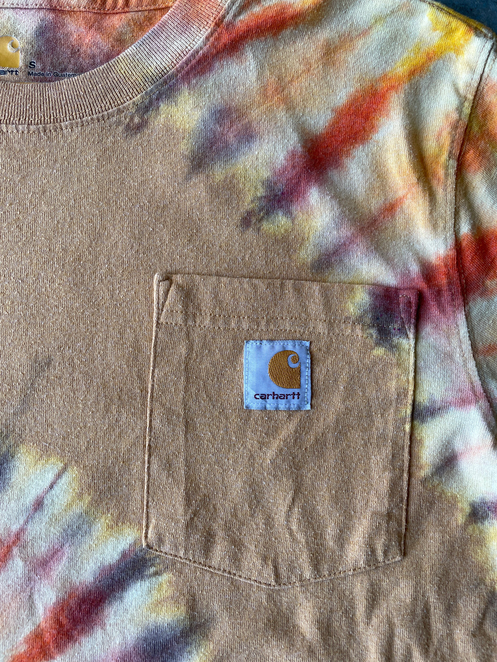 Carhartt Long Sleeve Brown & Yellow Reverse Tie Dye T-Shirt | One-of-a-Kind | Men's Small