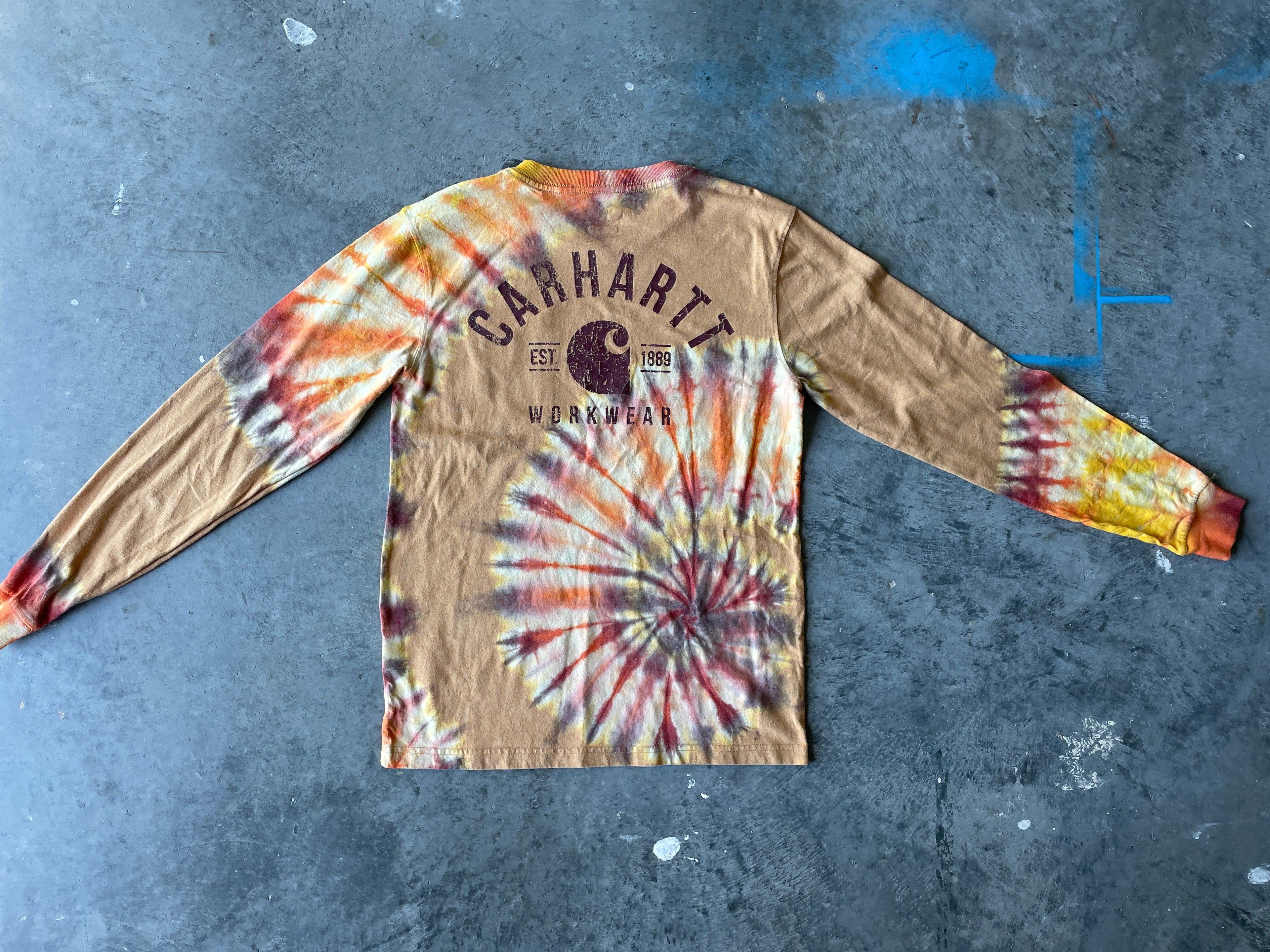 Carhartt Long Sleeve Brown & Yellow Reverse Tie Dye T-Shirt | One-of-a-Kind | Men's Small