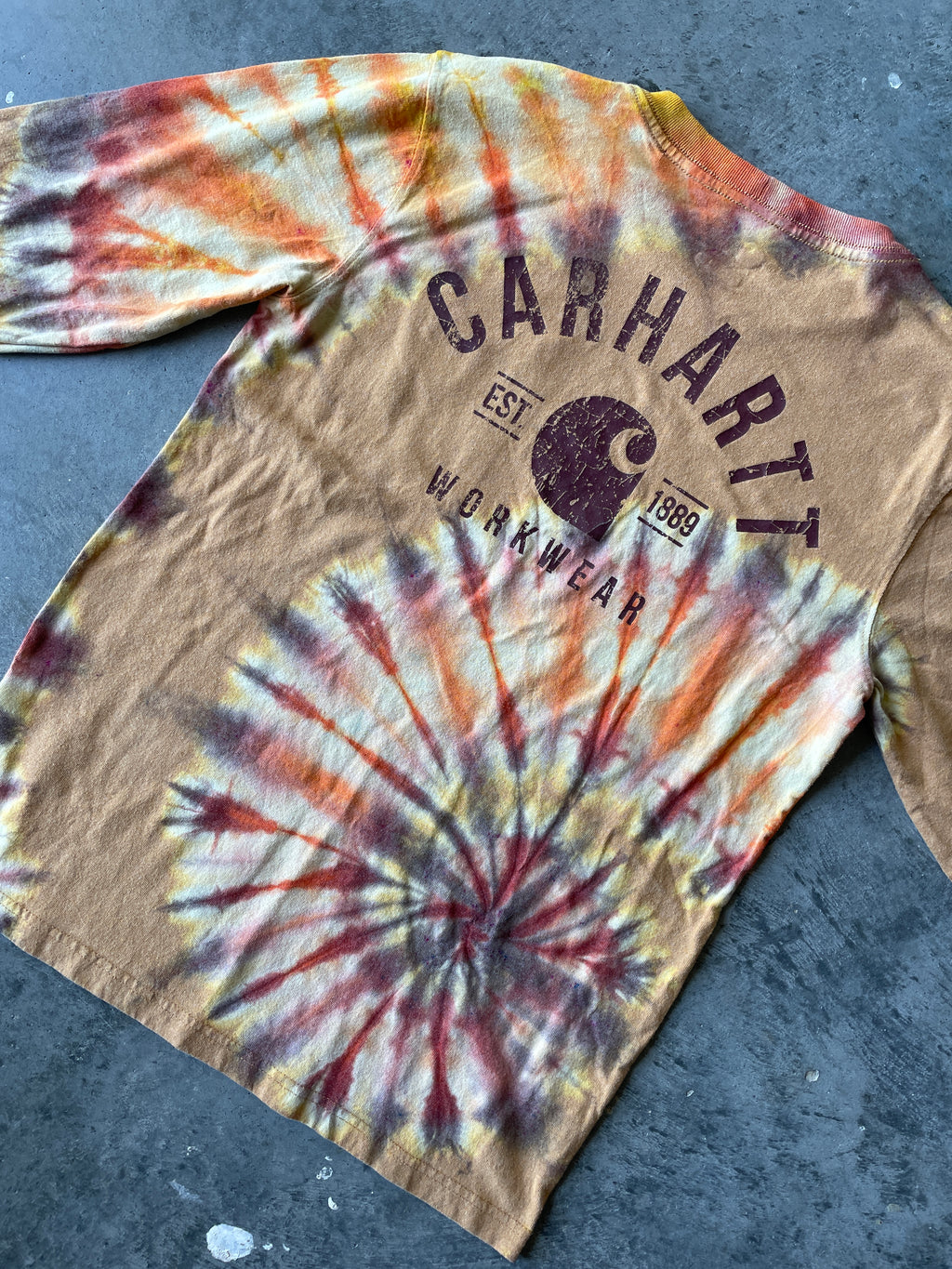 Carhartt Long Sleeve Brown & Yellow Reverse Tie Dye T-Shirt | One-of-a-Kind | Men's Small