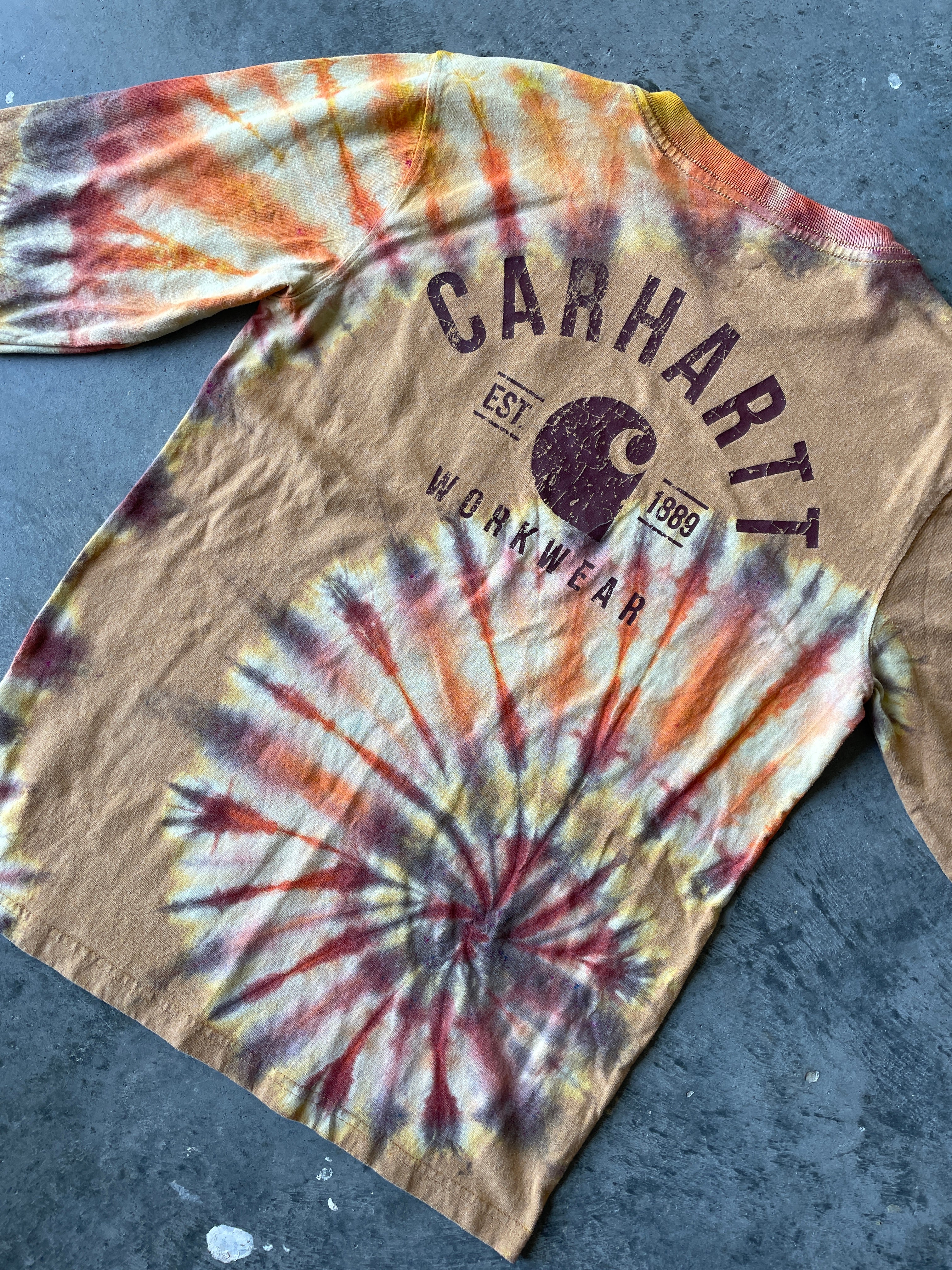 Carhartt Long Sleeve Brown & Yellow Reverse Tie Dye T-Shirt | One-of-a-Kind | Men's Small
