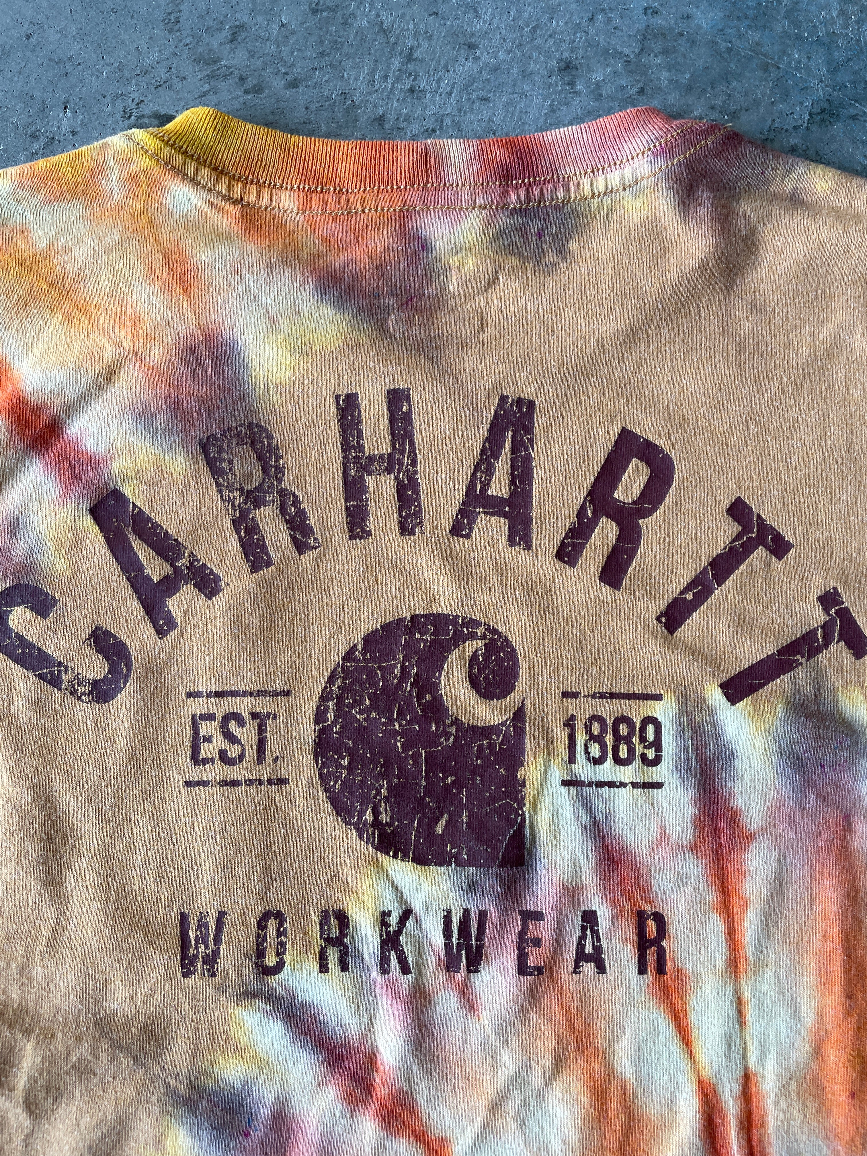 Carhartt Long Sleeve Brown & Yellow Reverse Tie Dye T-Shirt | One-of-a-Kind | Men's Small