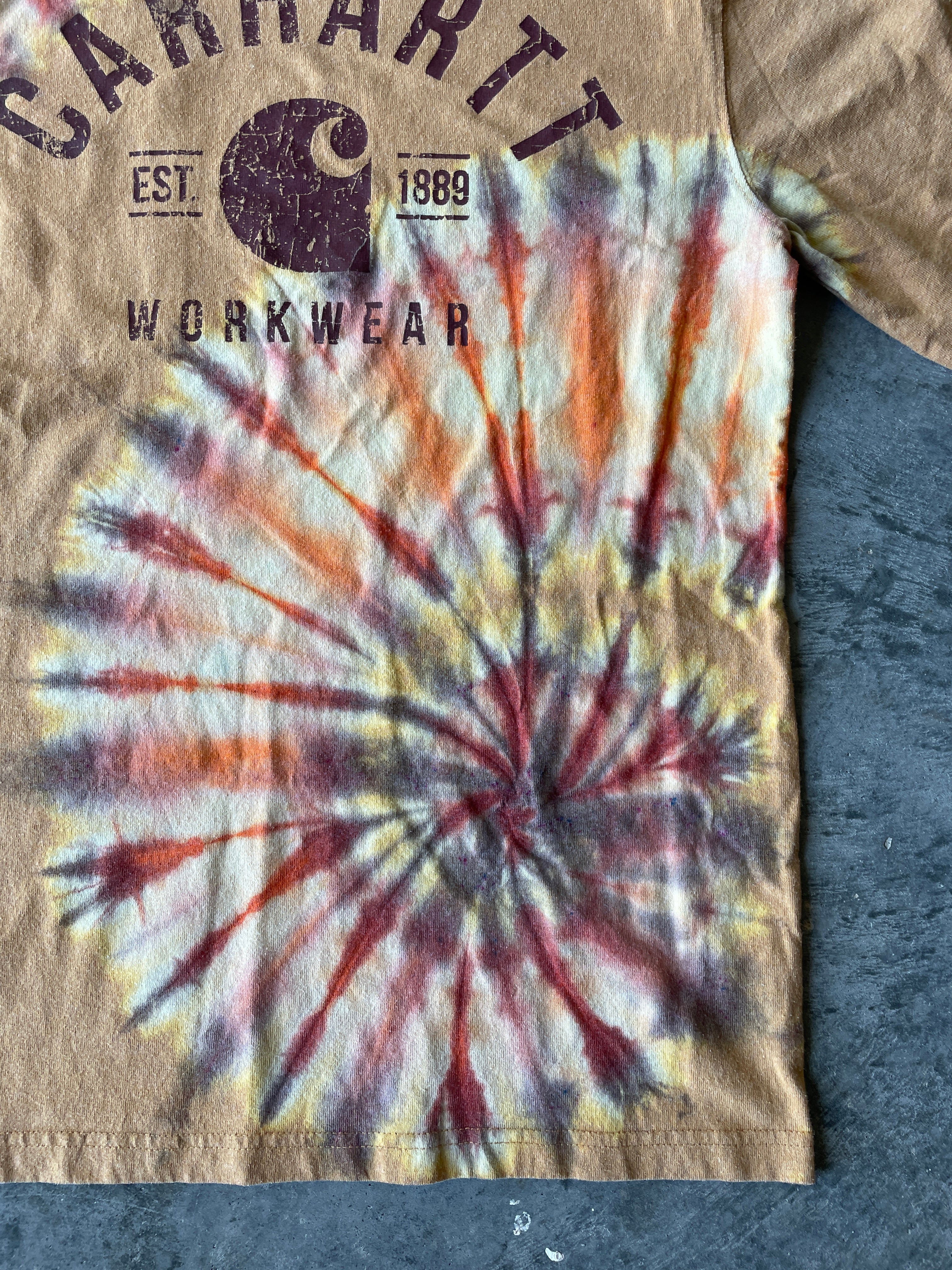 Carhartt Long Sleeve Brown & Yellow Reverse Tie Dye T-Shirt | One-of-a-Kind | Men's Small
