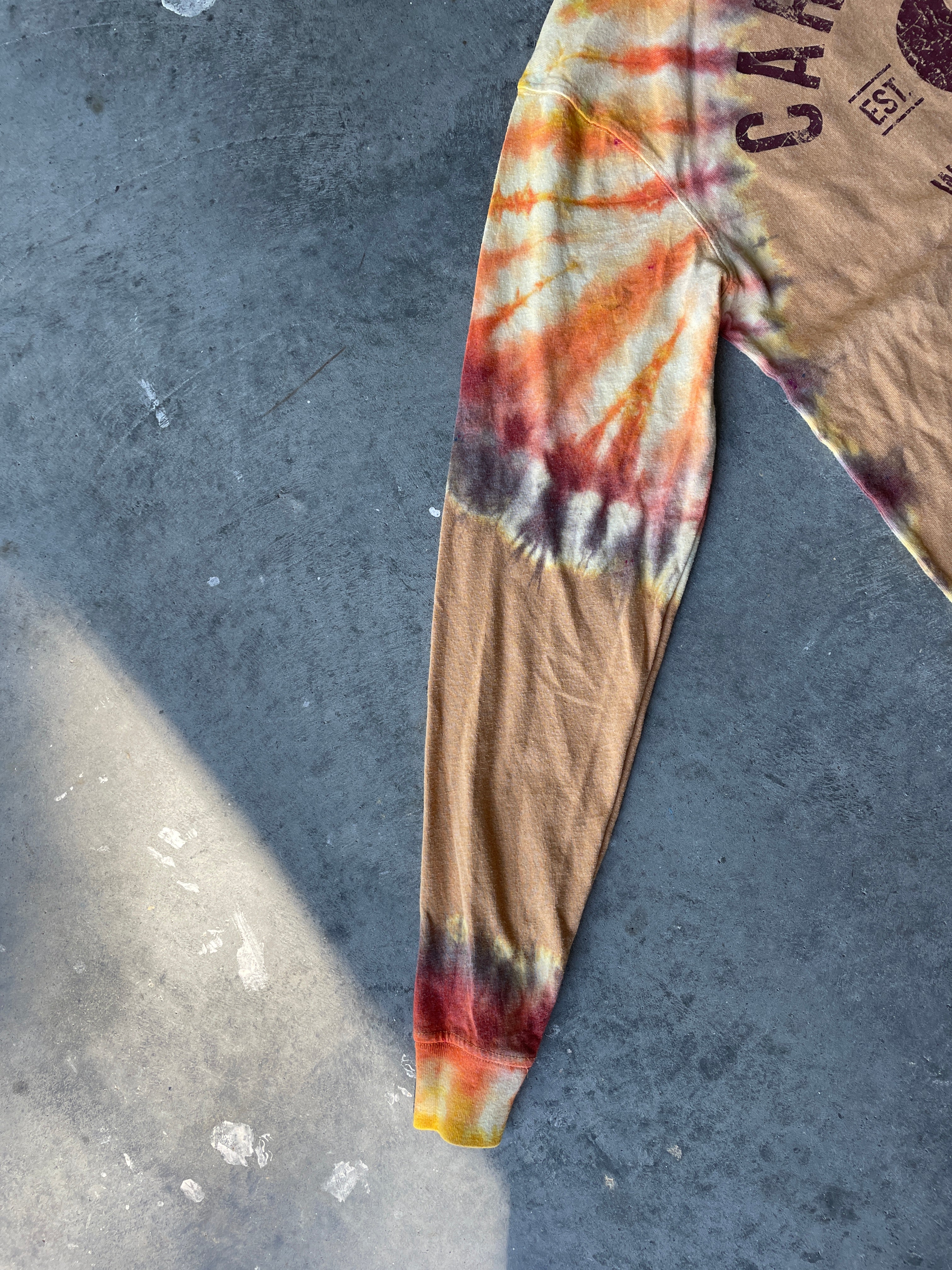 Carhartt Long Sleeve Brown & Yellow Reverse Tie Dye T-Shirt | One-of-a-Kind | Men's Small