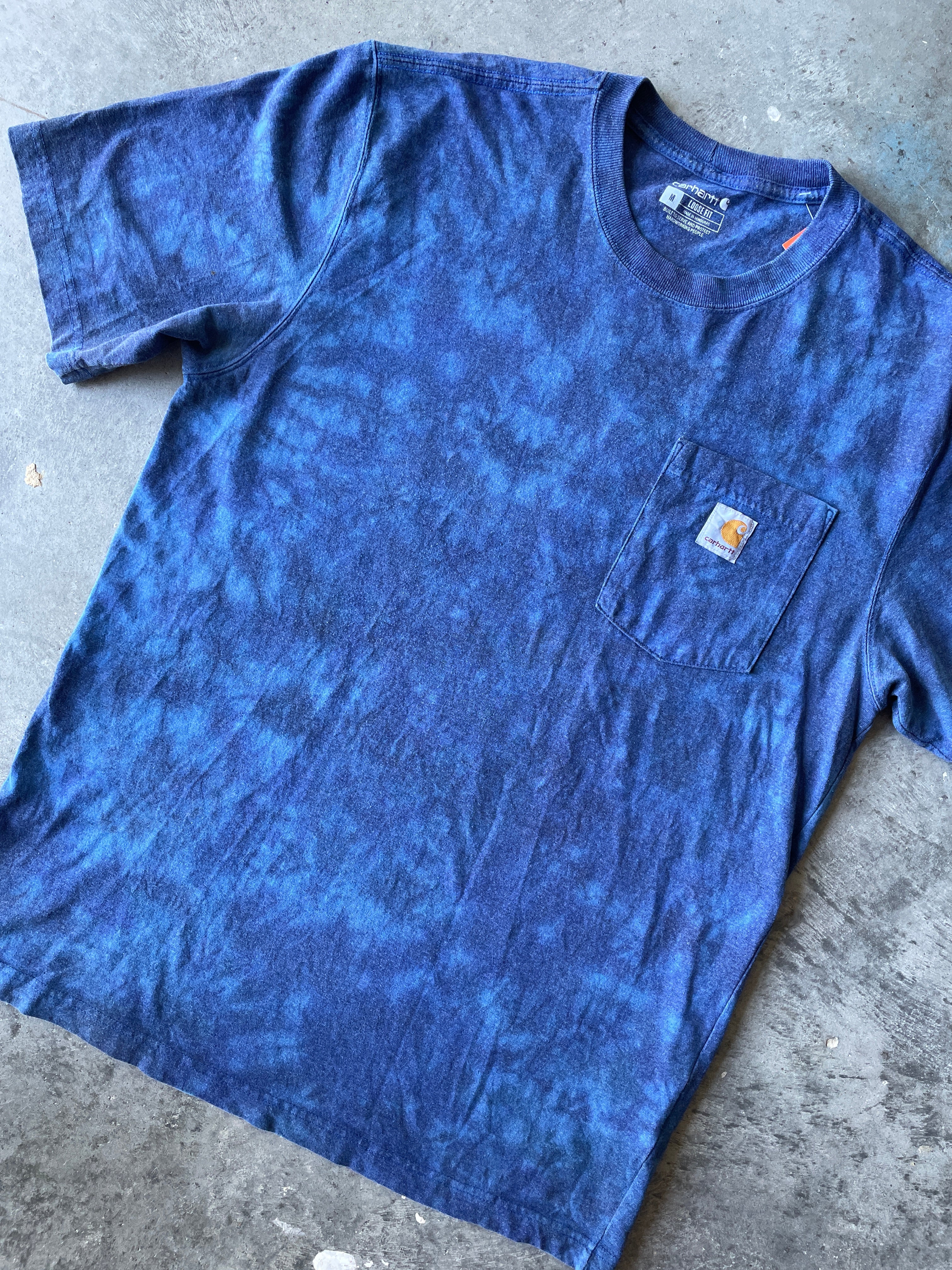 Carhartt Short Sleeve Blue and Black Reverse Tie Dye T-Shirt | One-of-a-Kind | Men's Medium