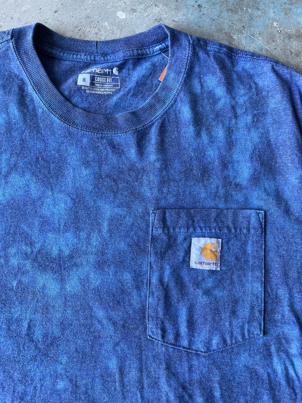 Carhartt Short Sleeve Blue and Black Reverse Tie Dye T-Shirt | One-of-a-Kind | Men's Medium