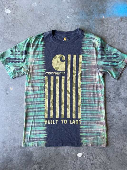 Carhartt "Built to Last" Camo Flag Short Sleeve Gray and Green Reverse Tie Dye T-Shirt | One-of-a-Kind | Men's Medium