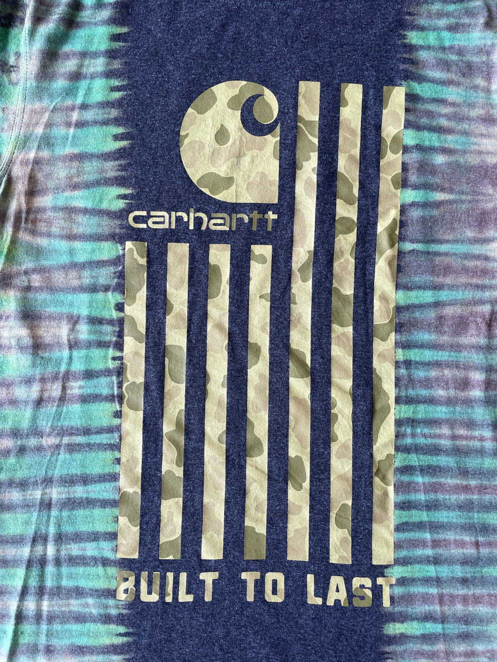 Carhartt "Built to Last" Camo Flag Short Sleeve Gray and Green Reverse Tie Dye T-Shirt | One-of-a-Kind | Men's Medium