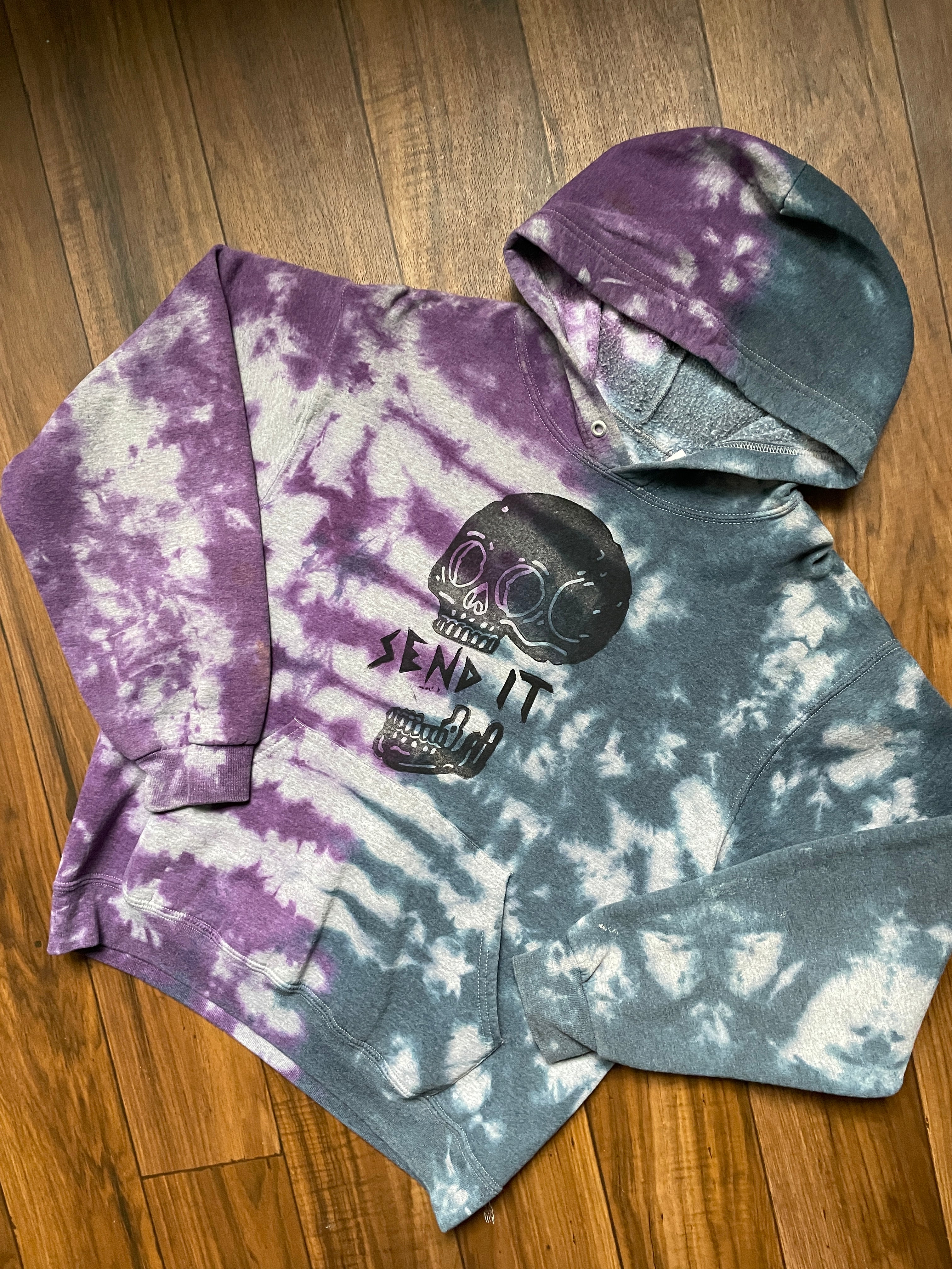 Medium Men's Send It Skull Tie Dye Hoodie | One-of-a-Kind Hand-Printed Purple and Blue Sweatshirt