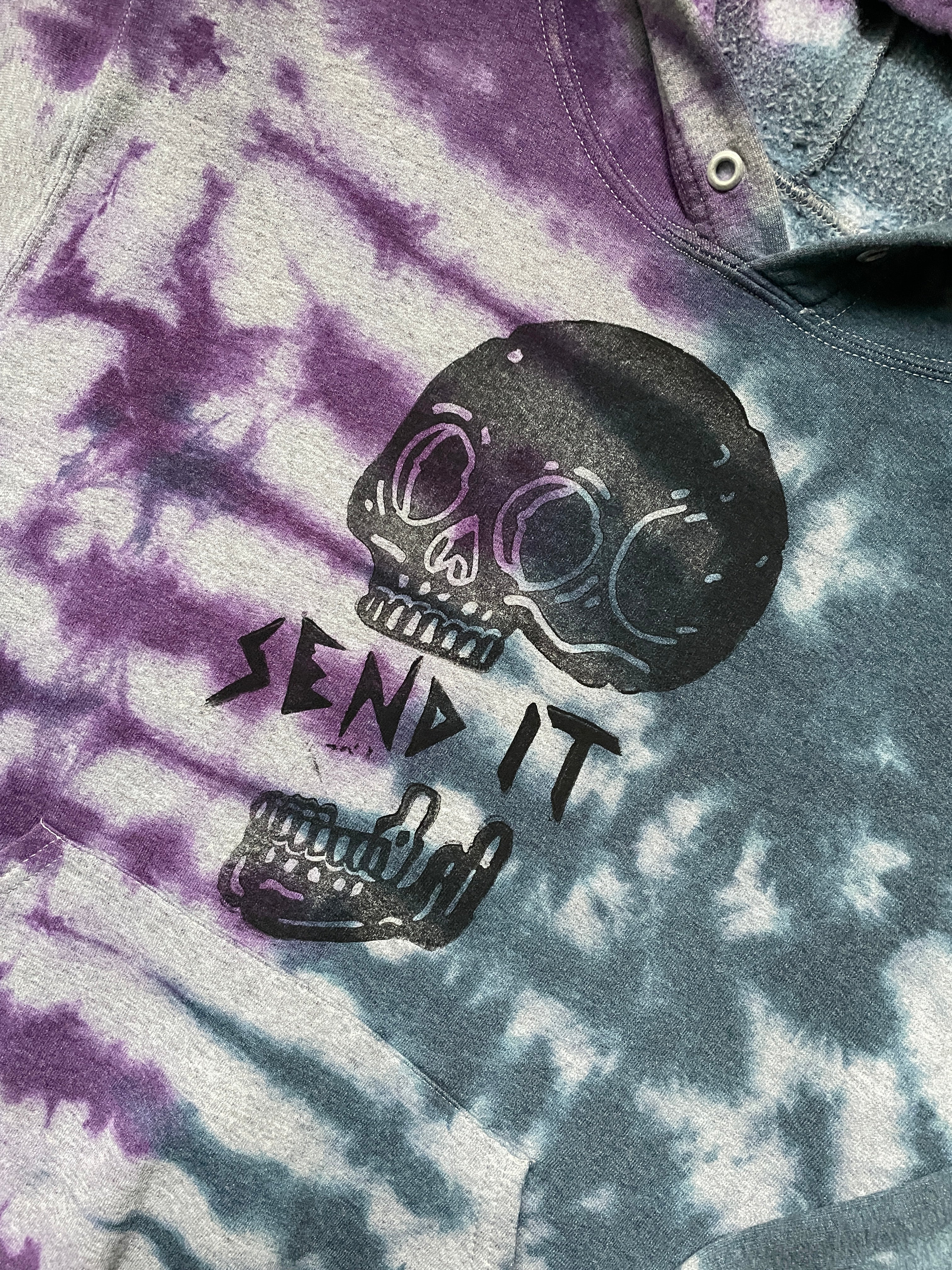 Medium Men's Send It Skull Tie Dye Hoodie | One-of-a-Kind Hand-Printed Purple and Blue Sweatshirt