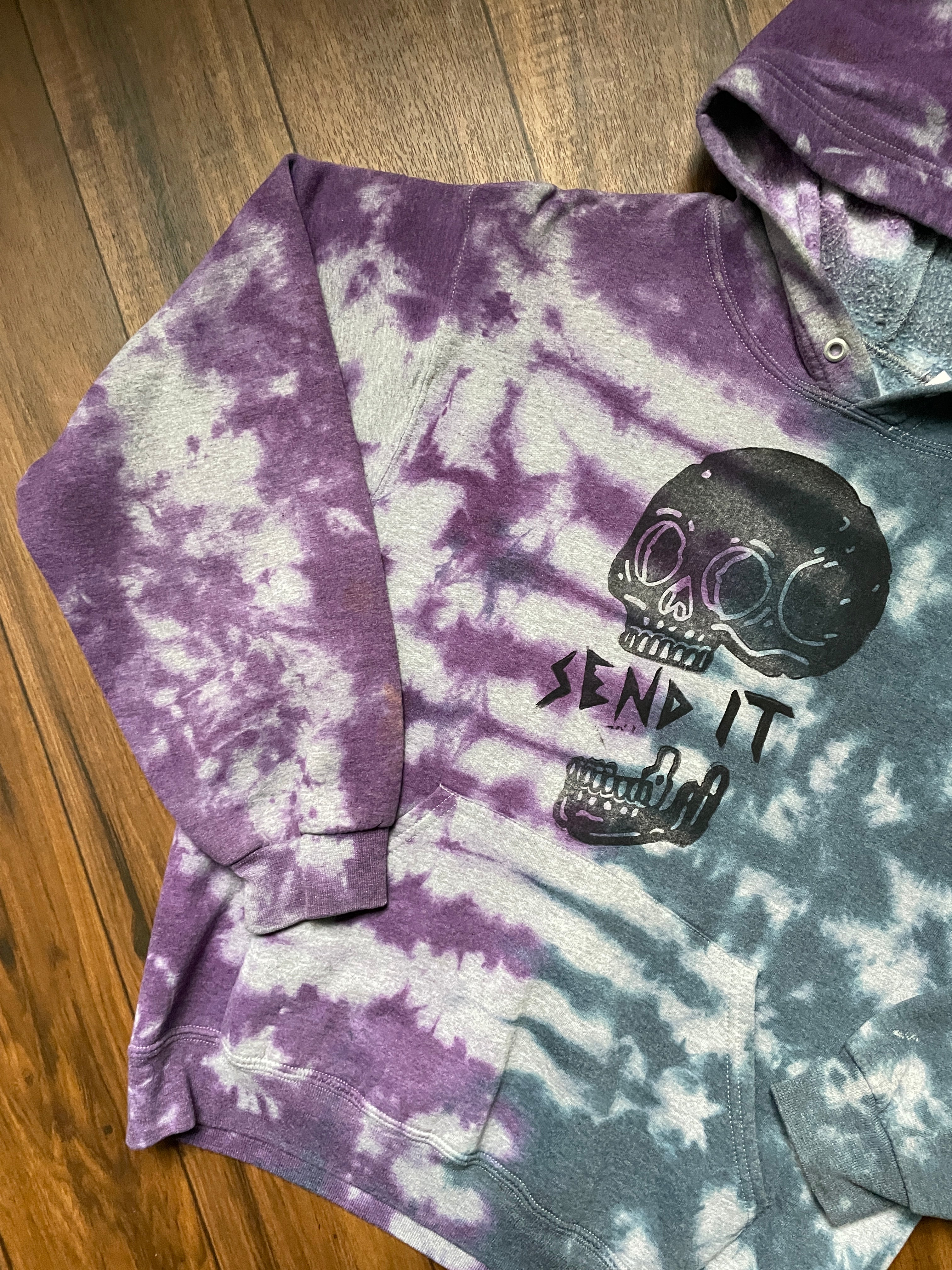 Medium Men's Send It Skull Tie Dye Hoodie | One-of-a-Kind Hand-Printed Purple and Blue Sweatshirt