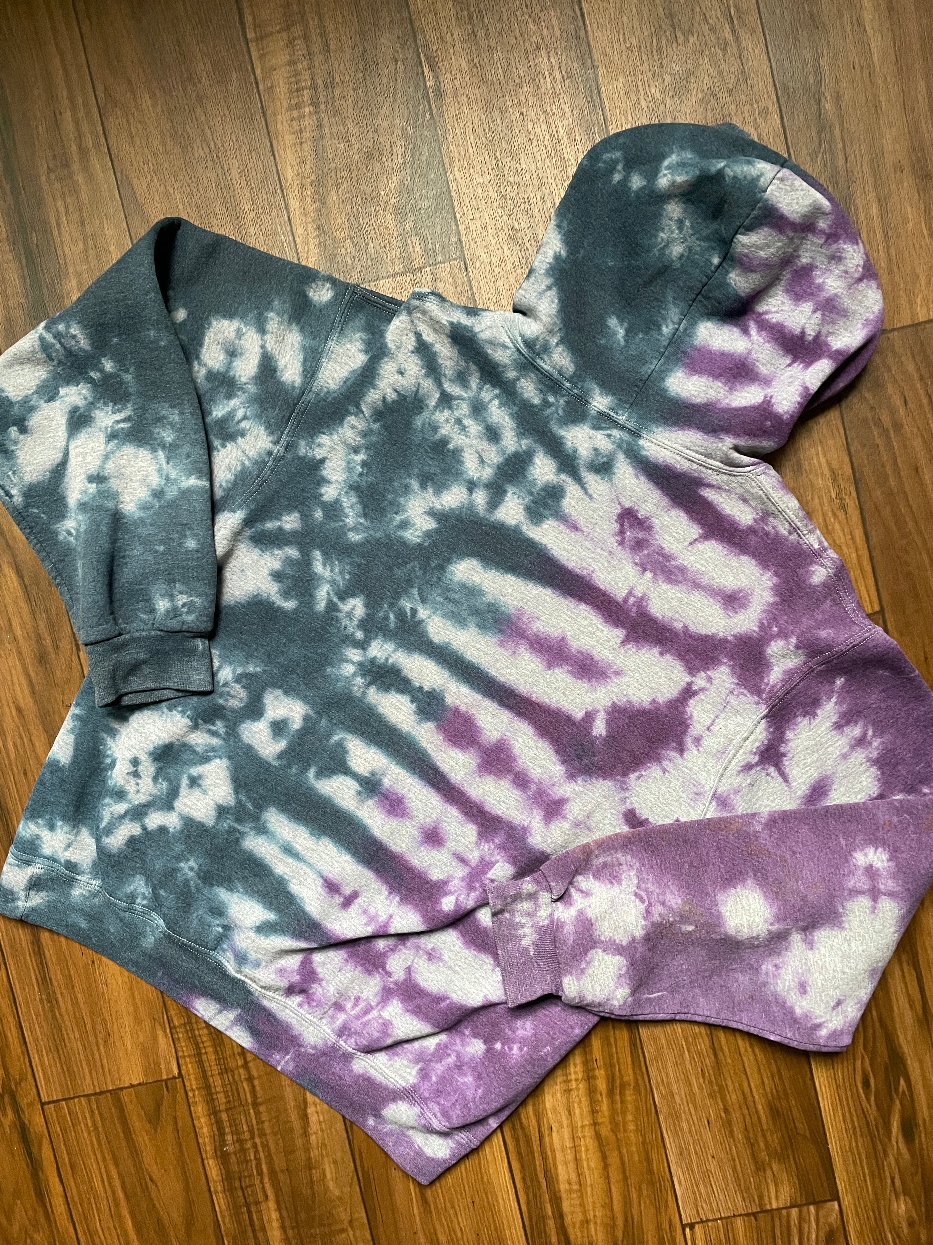 Medium Men's Send It Skull Tie Dye Hoodie | One-of-a-Kind Hand-Printed Purple and Blue Sweatshirt