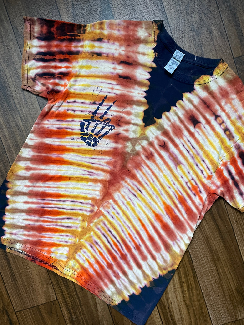 Men's Large Skeleton Peace Sign Short Sleeve Blue and Yellow Tie Dye T-Shirt