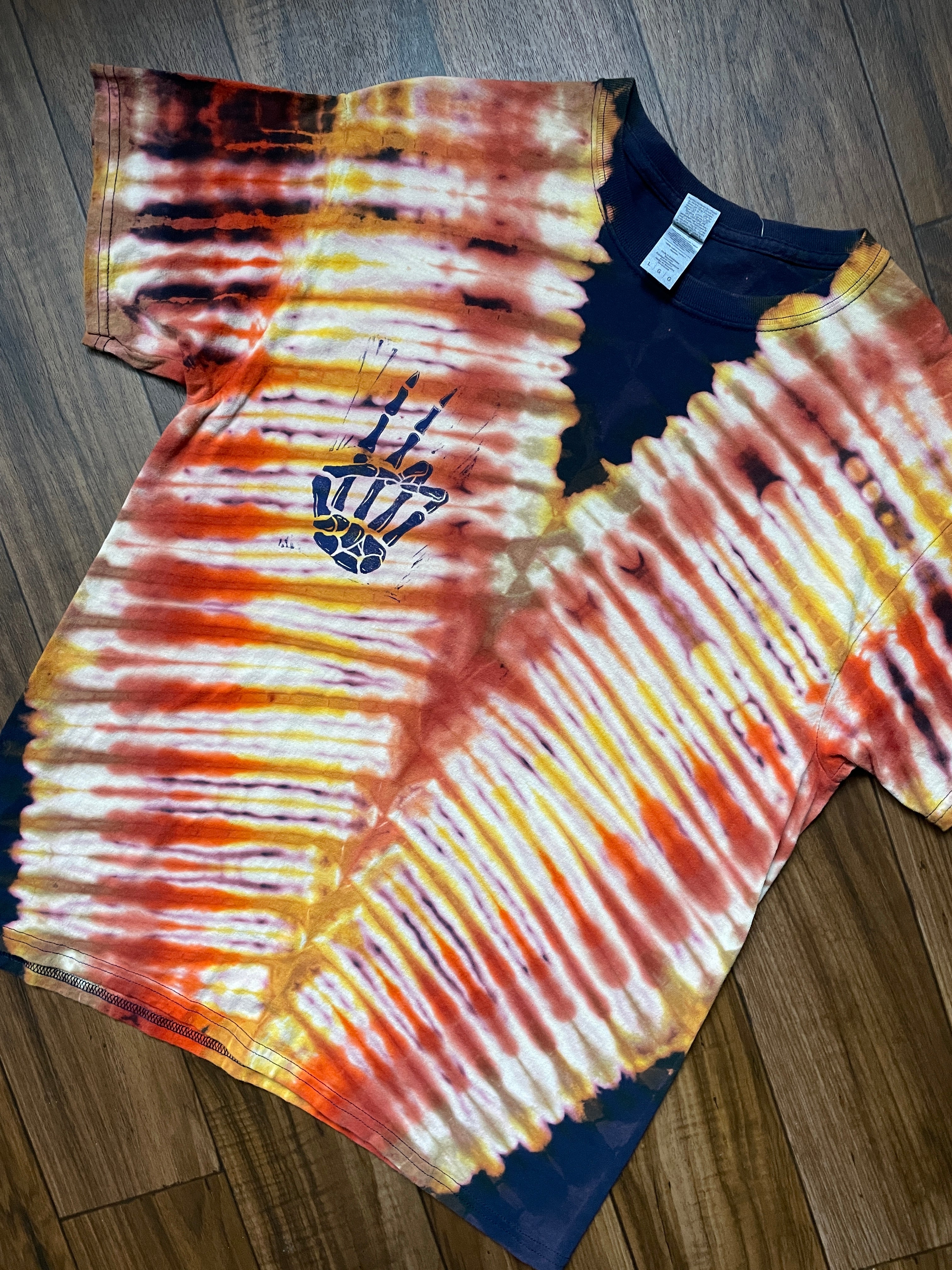 Men's Large Skeleton Peace Sign Short Sleeve Blue and Yellow Tie Dye T-Shirt