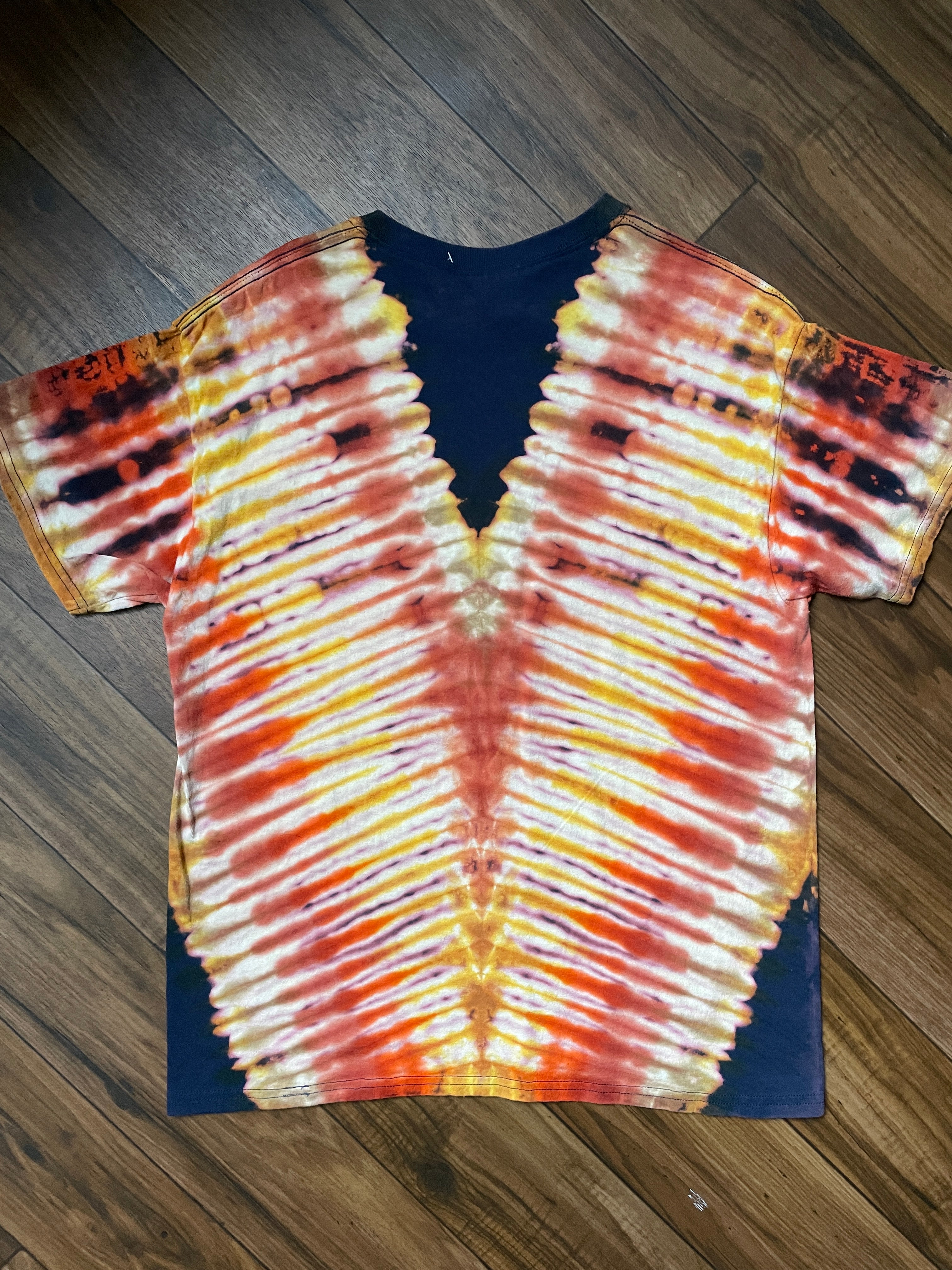 Men's Large Skeleton Peace Sign Short Sleeve Blue and Yellow Tie Dye T-Shirt