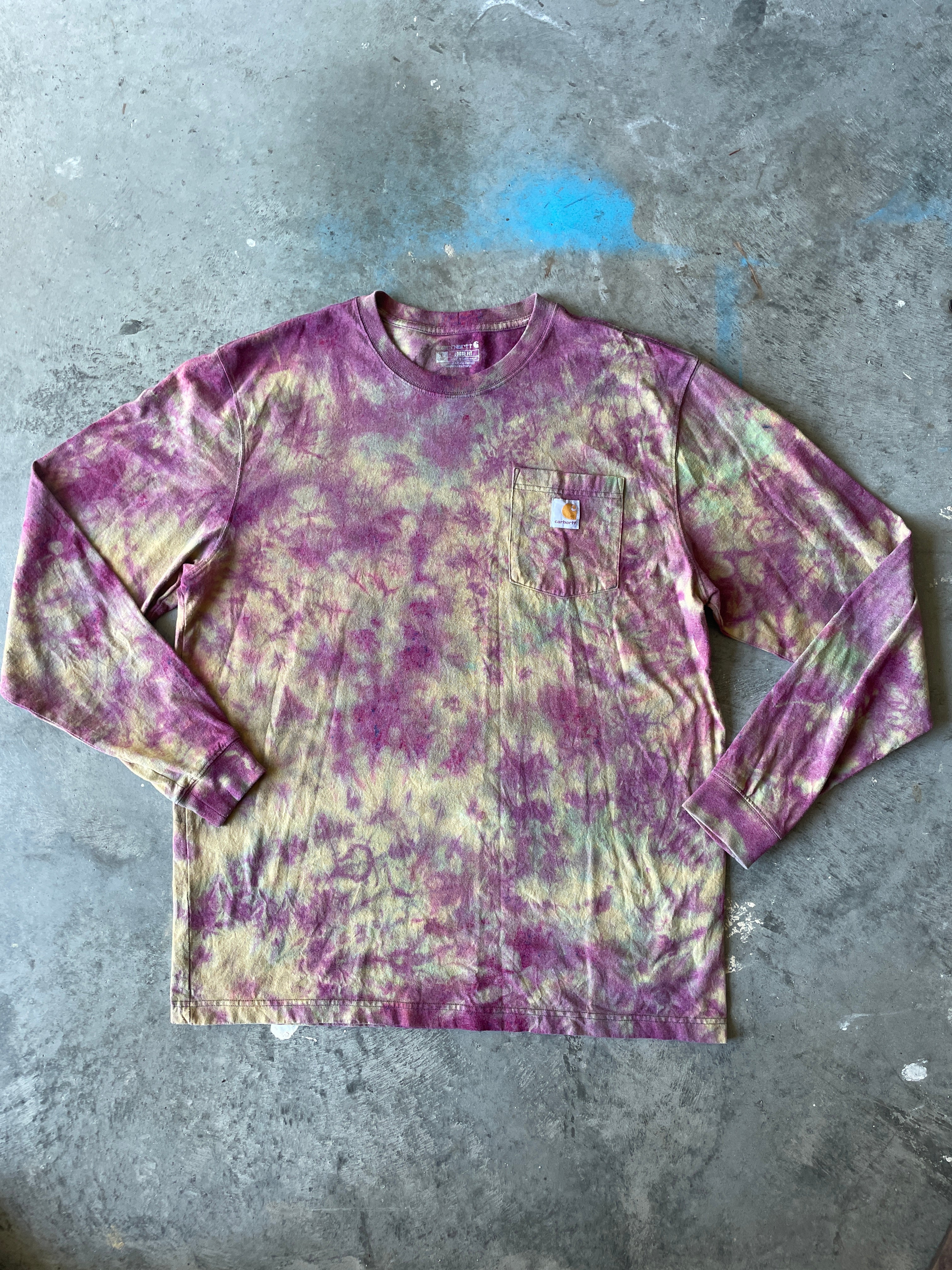 Carhartt Long Sleeve Pink and Tan Reverse Tie Dye T-Shirt | One-of-a-Kind | Men's Large