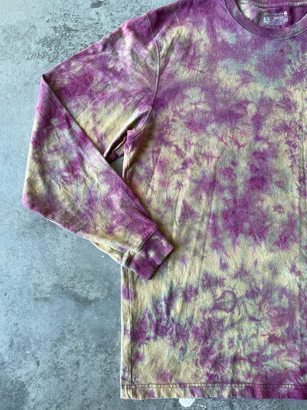 Carhartt Long Sleeve Pink and Tan Reverse Tie Dye T-Shirt | One-of-a-Kind | Men's Large