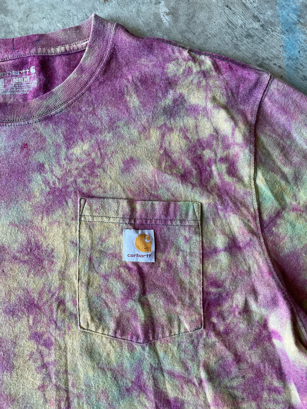 Carhartt Long Sleeve Pink and Tan Reverse Tie Dye T-Shirt | One-of-a-Kind | Men's Large
