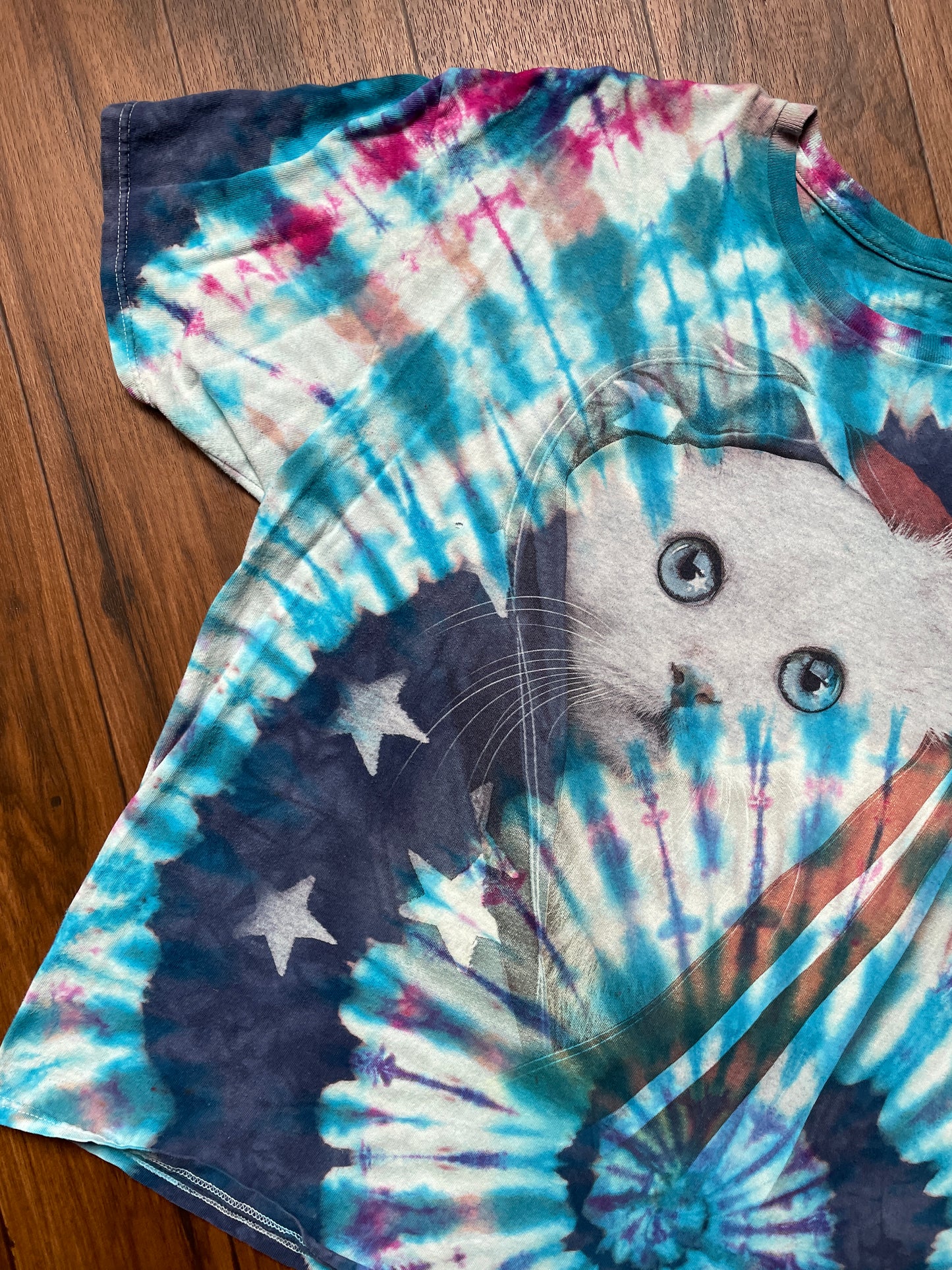 Men's 2XL Patriotic Cat Handmade Geode Tie Dye Short Sleeve T-Shirt