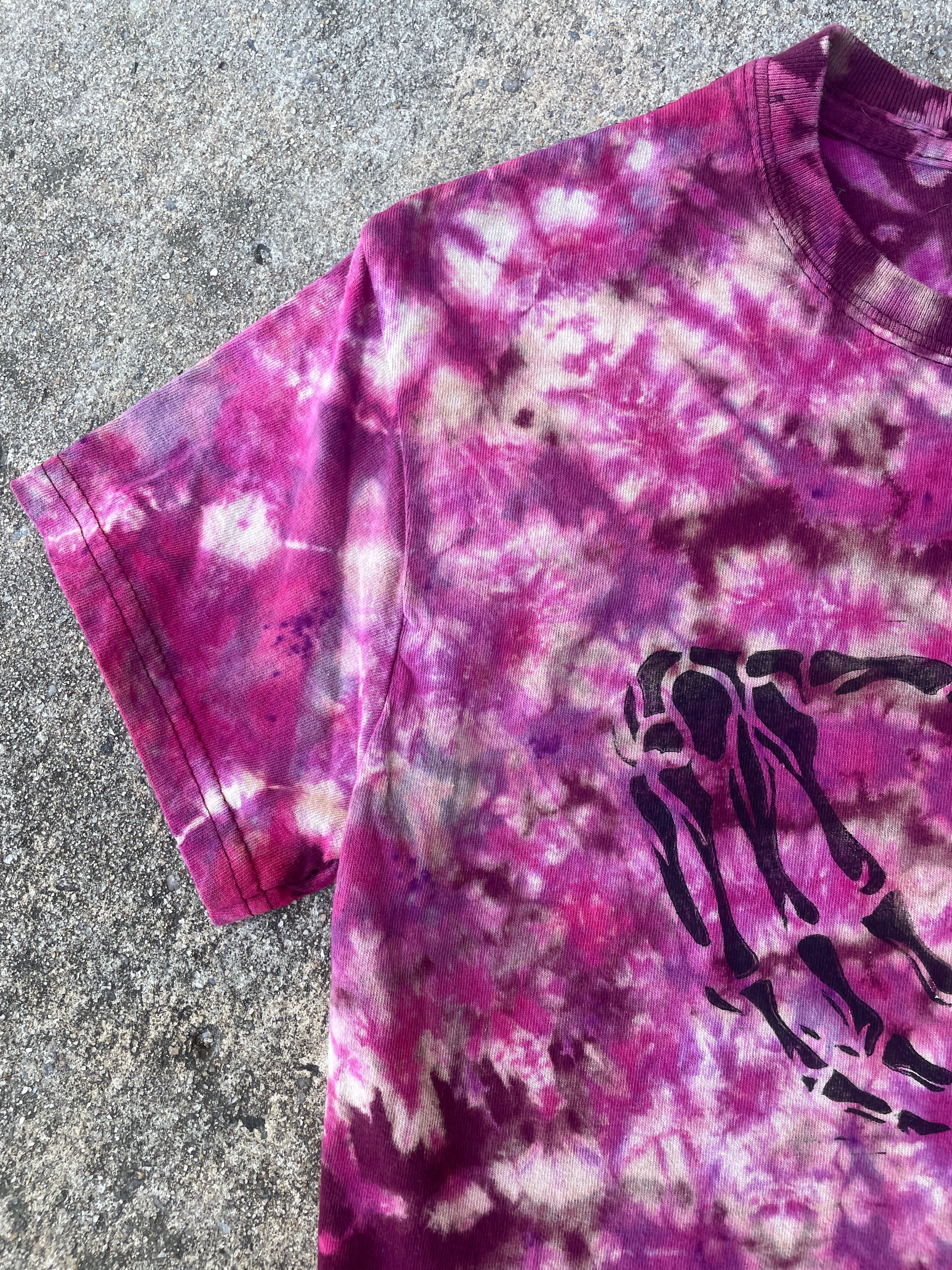 Hand-Printed Skeleton Heart Hands Pink and White Reverse Tie Dye Short Sleeve T-Shirt | Men's Size Small