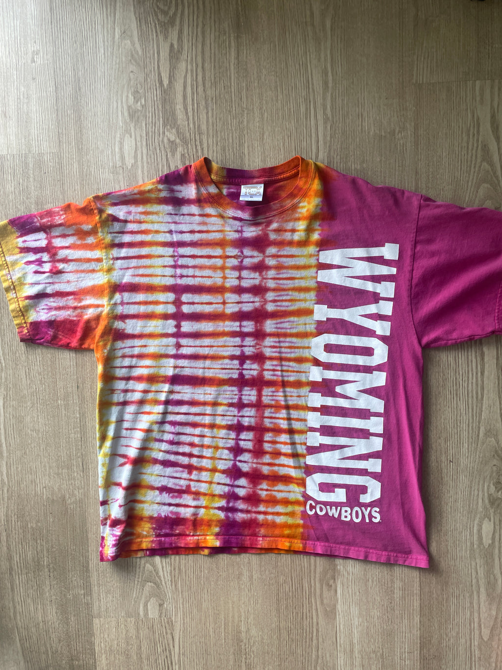 XL Men’s Wyoming Cowboys Handmade Tie Dye T-Shirt | One-Of-a-Kind Pink and Orange/Yellow/Red/Purple Short Sleeve Shirt | Wyoming Gift