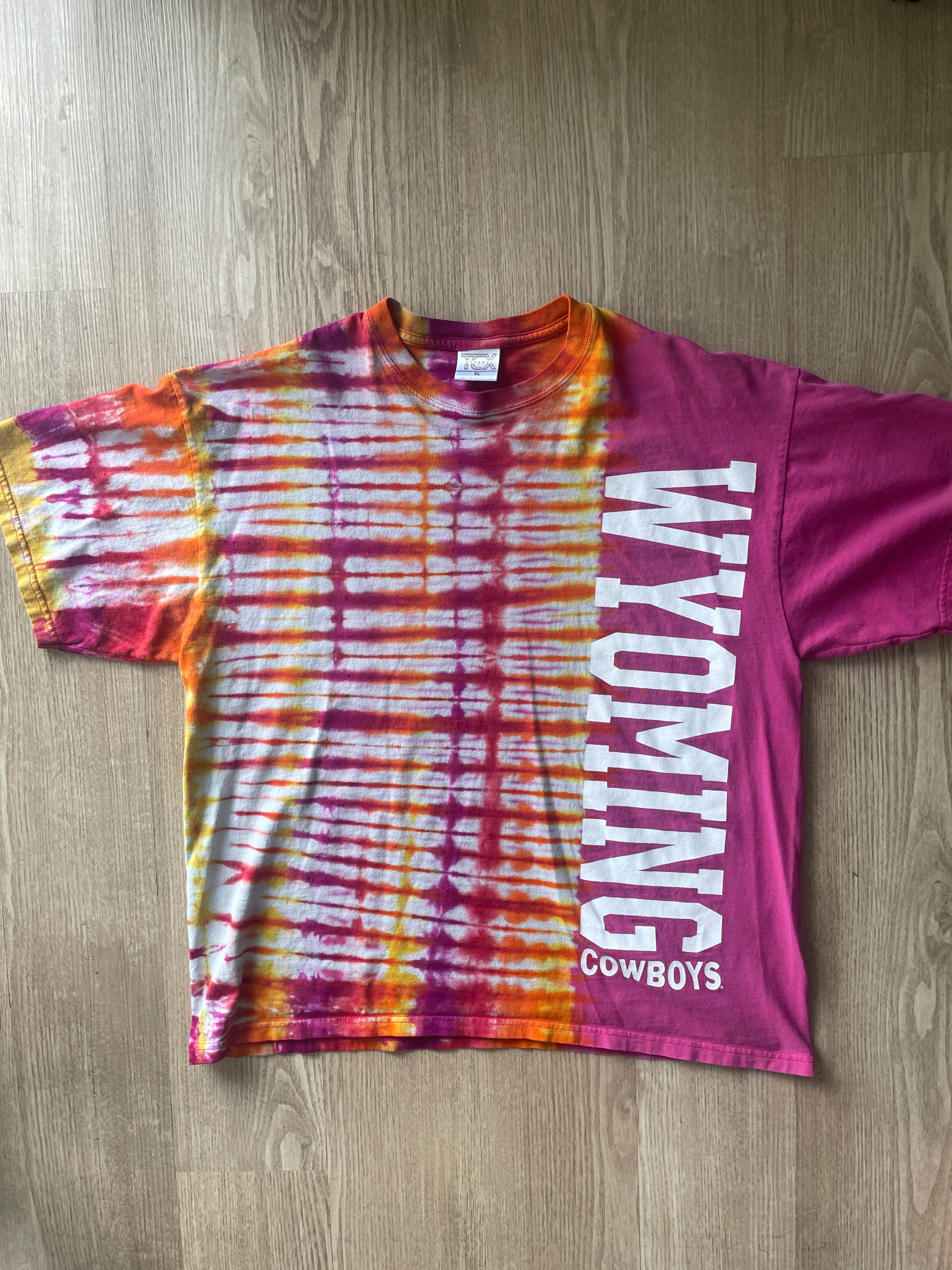 XL Men’s Wyoming Cowboys Handmade Tie Dye T-Shirt | One-Of-a-Kind Pink and Orange/Yellow/Red/Purple Short Sleeve Shirt | Wyoming Gift