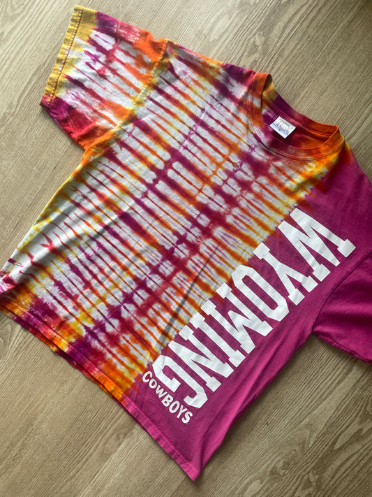 XL Men’s Wyoming Cowboys Handmade Tie Dye T-Shirt | One-Of-a-Kind Pink and Orange/Yellow/Red/Purple Short Sleeve Shirt | Wyoming Gift
