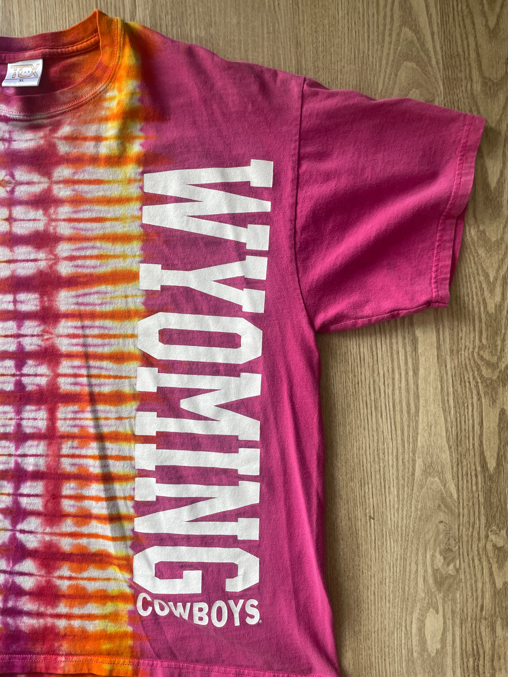 XL Men’s Wyoming Cowboys Handmade Tie Dye T-Shirt | One-Of-a-Kind Pink and Orange/Yellow/Red/Purple Short Sleeve Shirt | Wyoming Gift